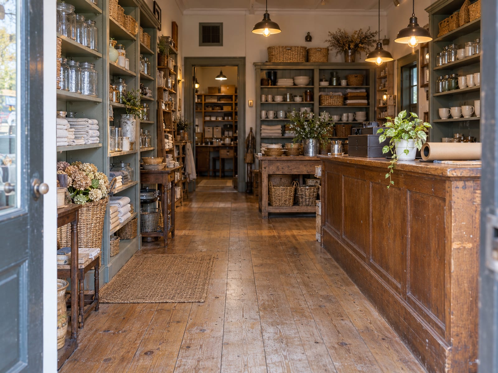 Interior de una pequeña tienda con estantes de mercancía y un mostrador al frente, visto desde la entrada