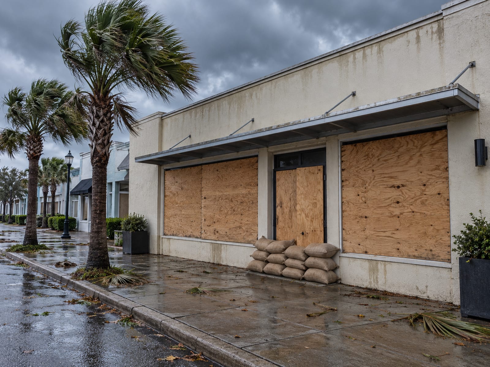 Un local con ventanas tapiadas y sacos de arena en la puerta antes de una tormenta costera