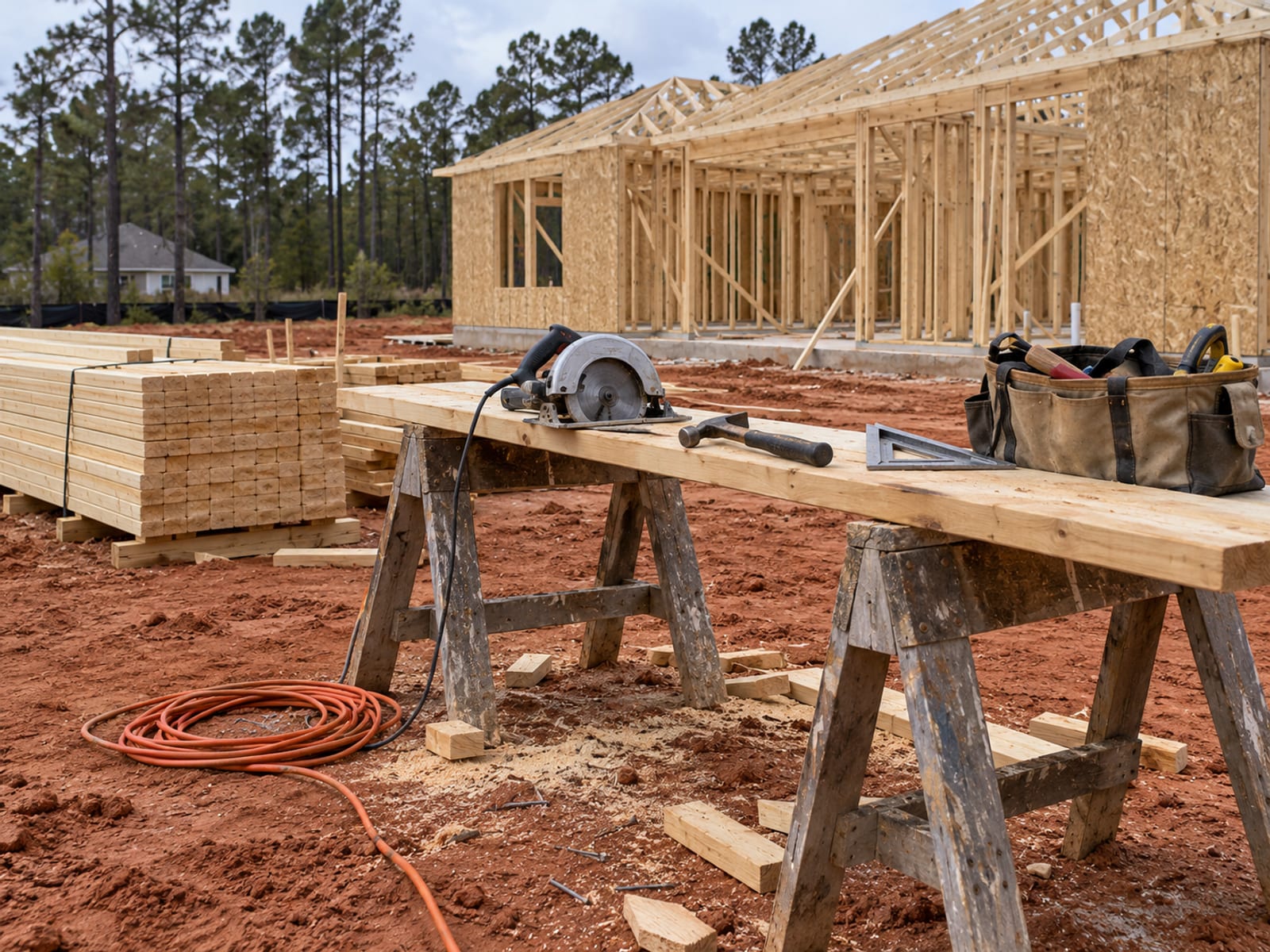 Herramientas y madera de una cuadrilla de armado de estructuras apiladas en un sitio de construcción residencial