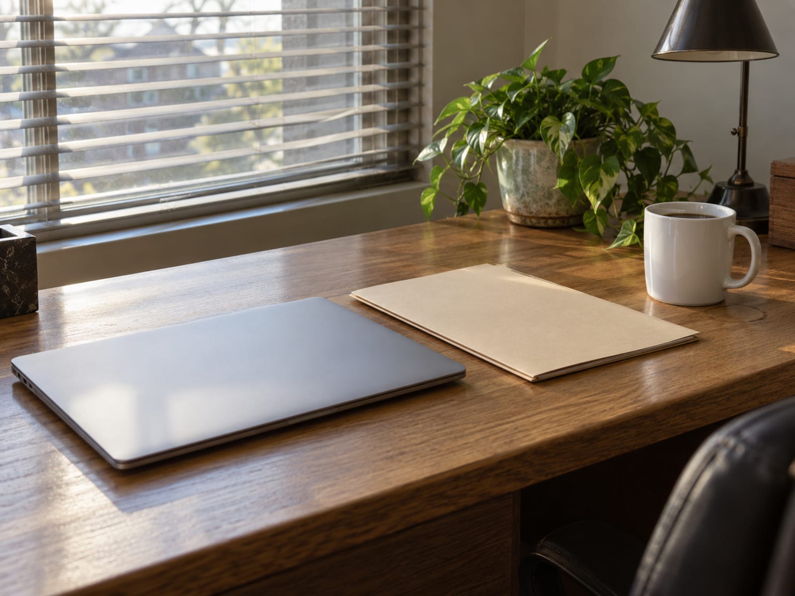 A laptop on an office desk beside a closed folder and a coffee mug