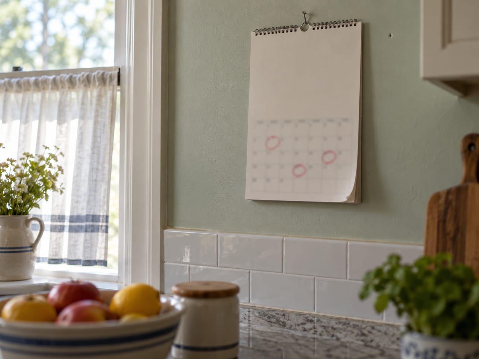 A wall calendar with several dates circled, hanging in a kitchen