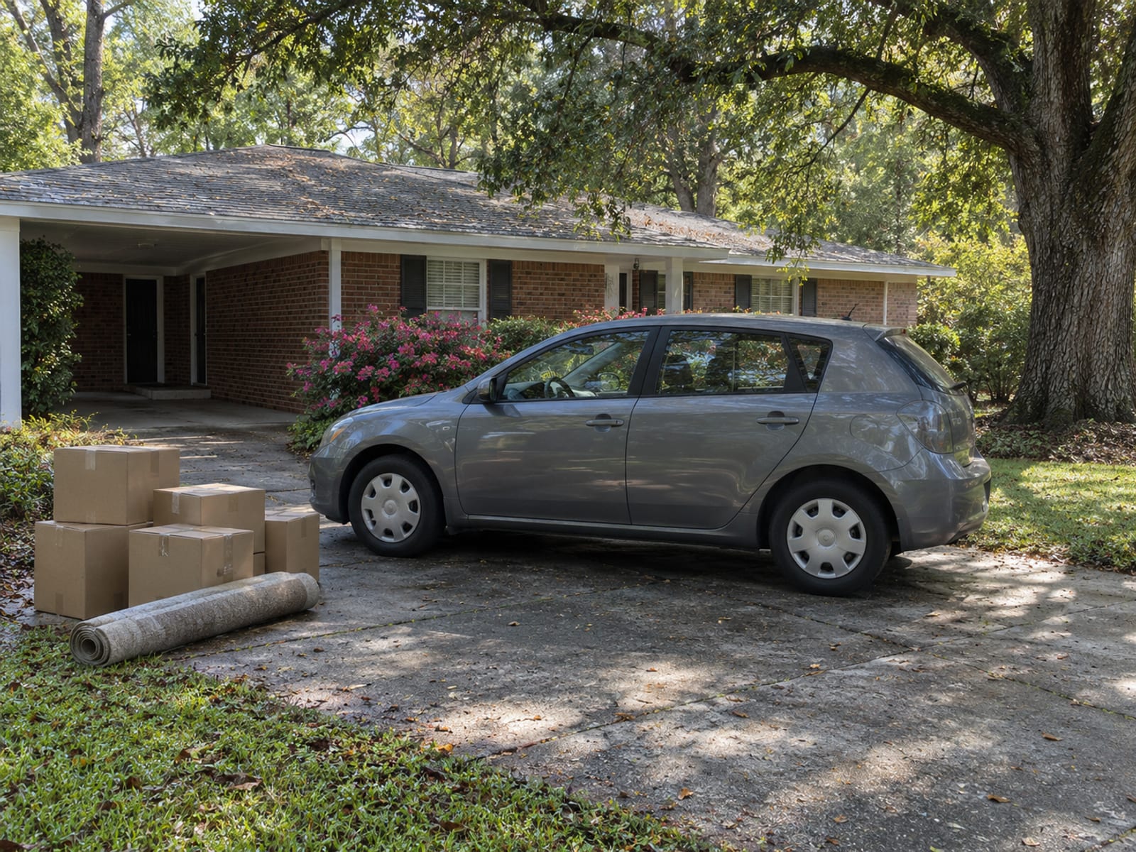 Moving boxes stacked beside a parked car outside a house