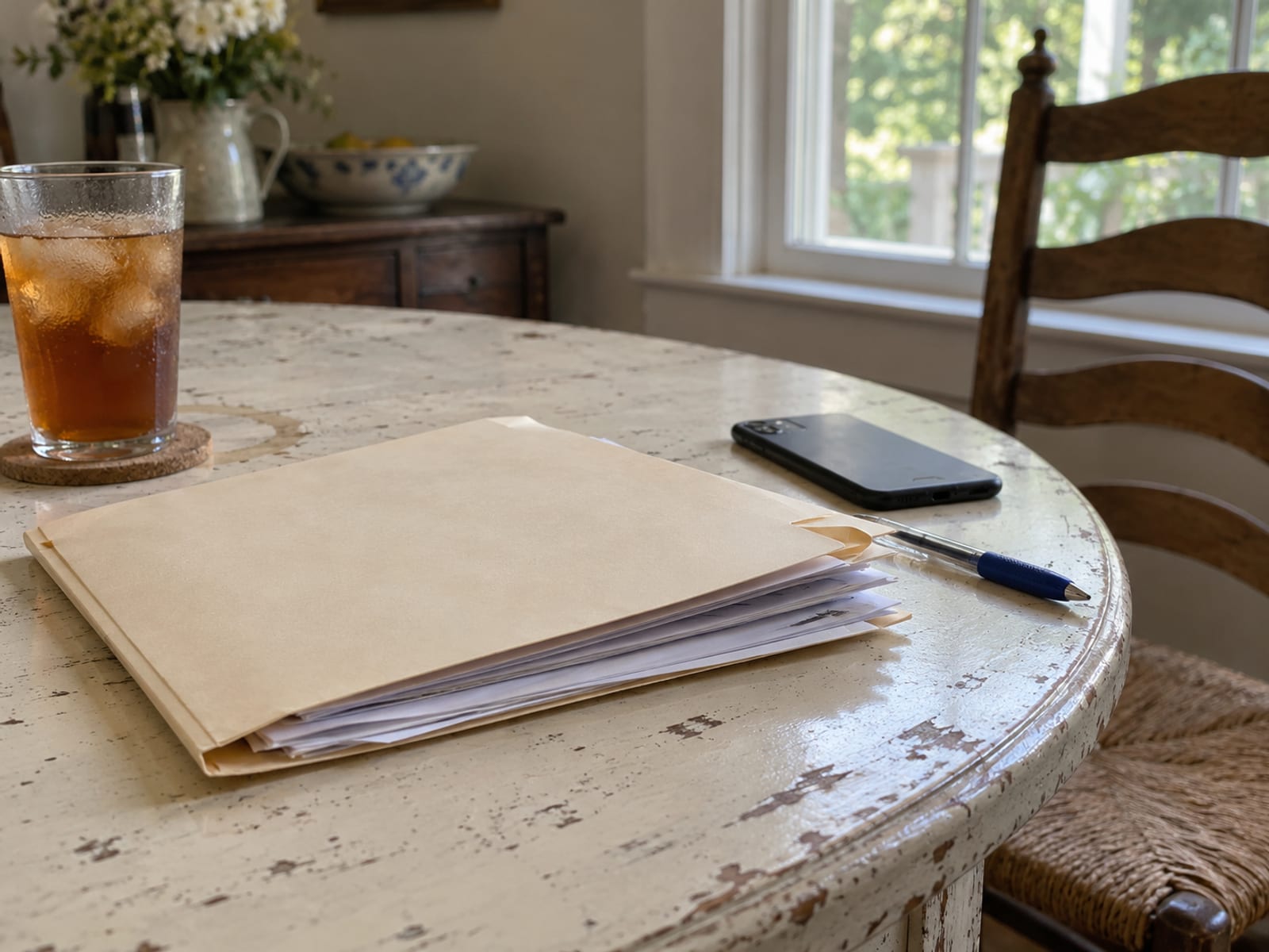A kitchen table with a folder of claim papers, a pen and a phone