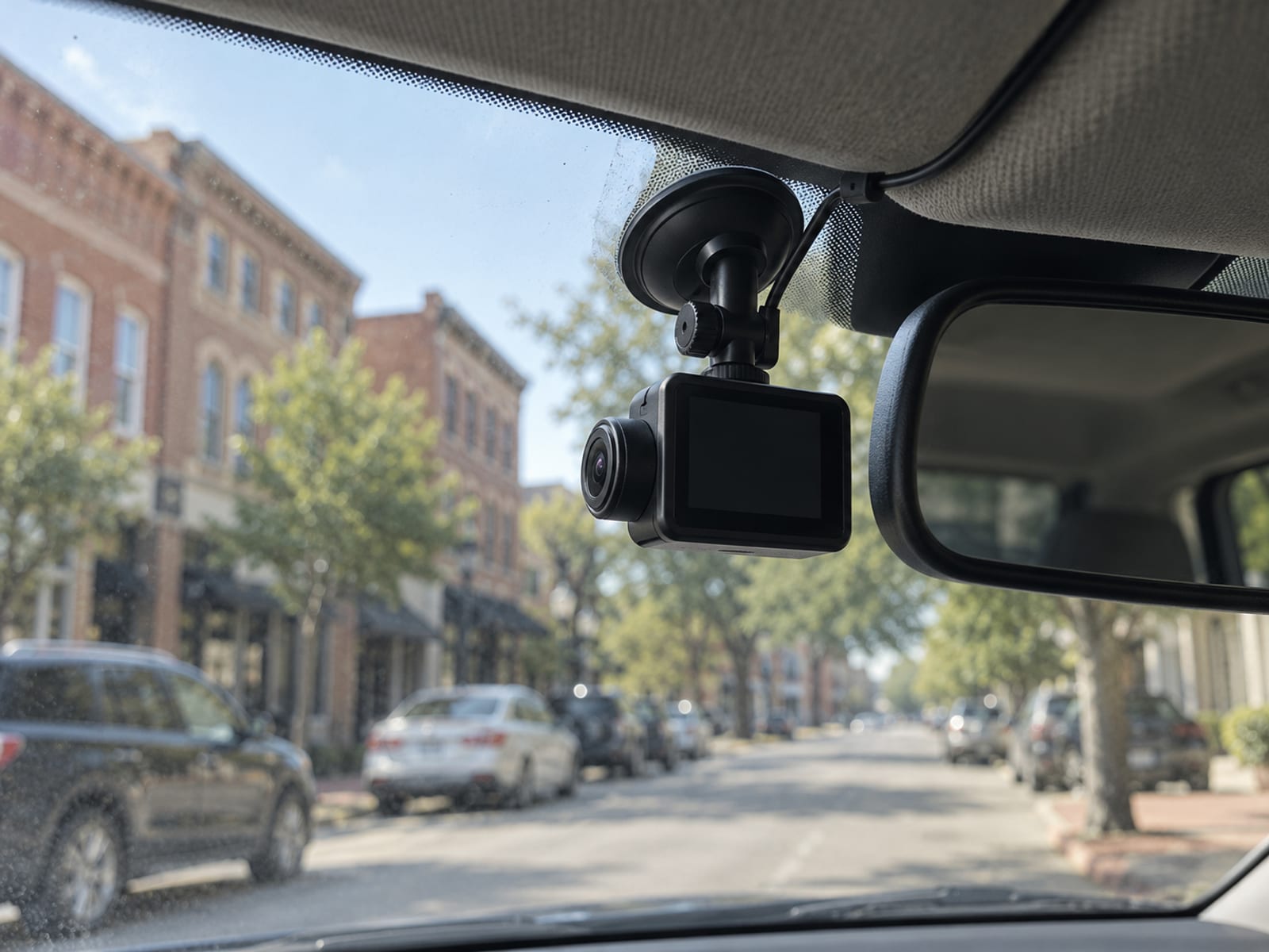 A small dashboard camera mounted near a car windshield, looking out at a city street