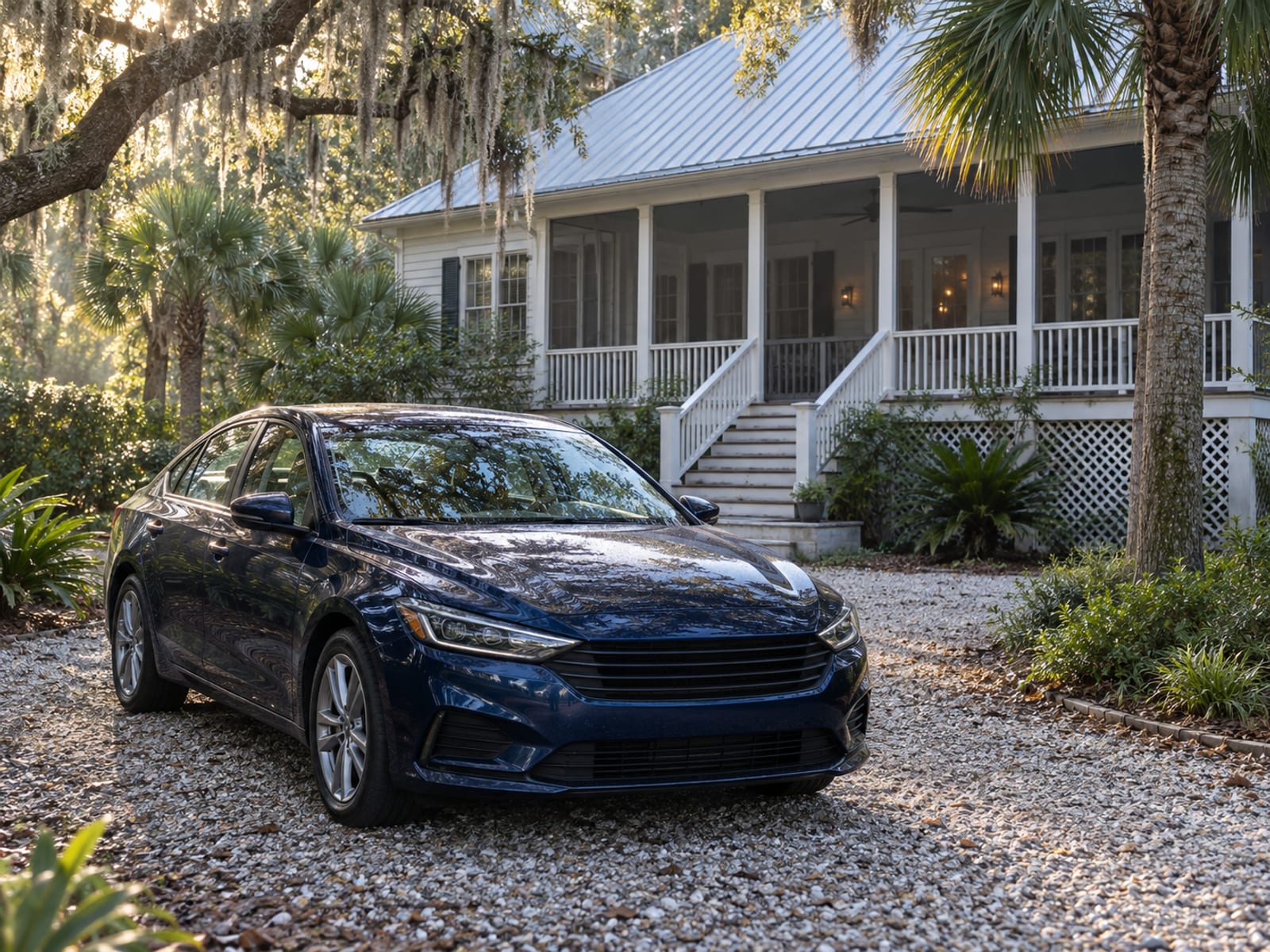 A family sedan parked in the driveway of a raised Lowcountry-style house