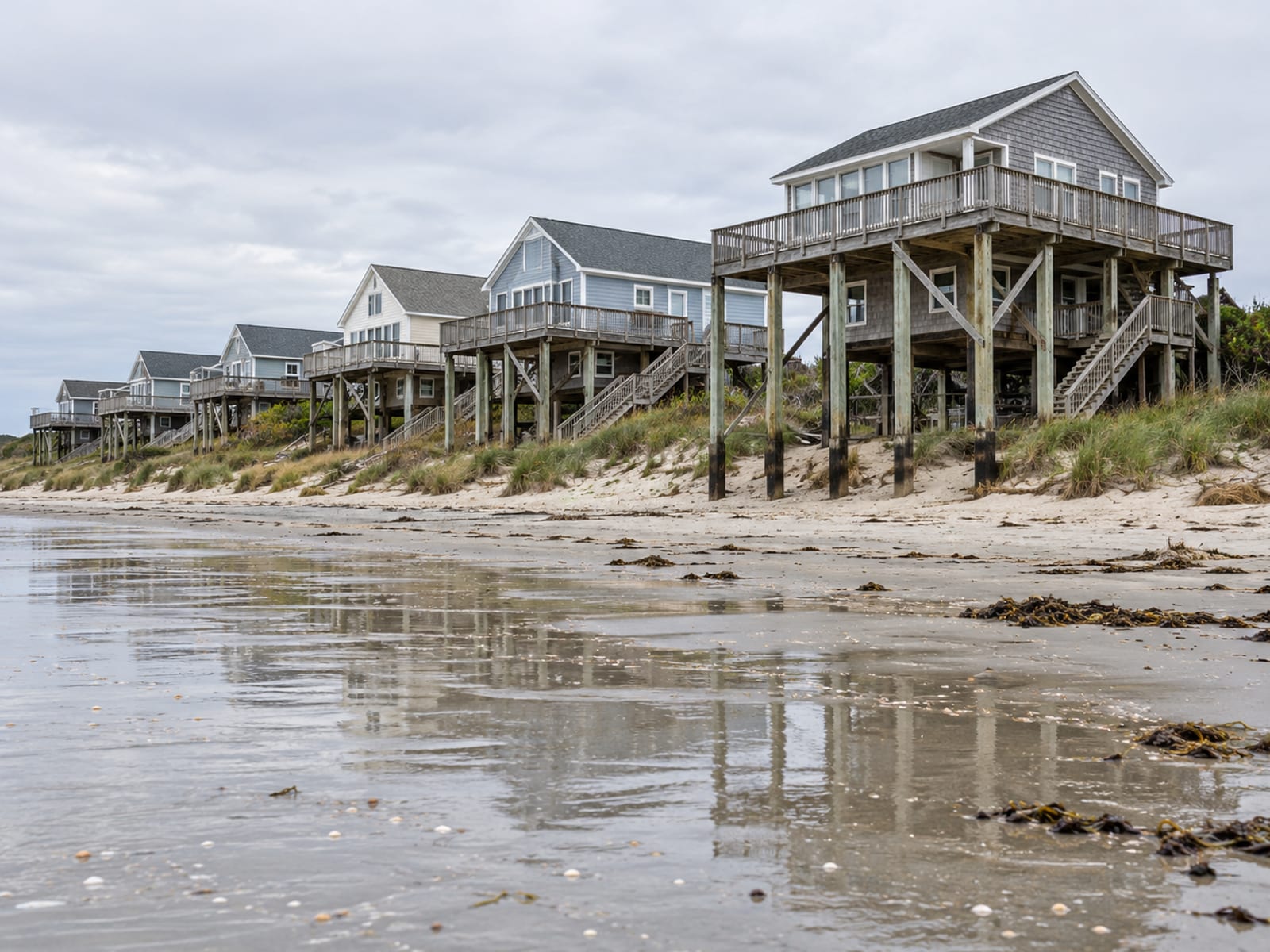 A row of raised beach houses on pilings behind low dunes on the South Carolina coast