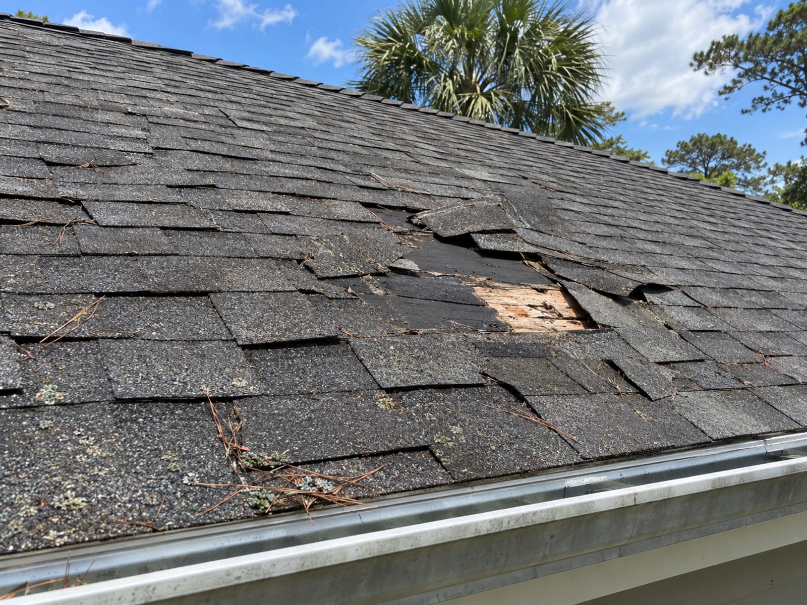Lifted and missing shingles on a house roof after a wind storm