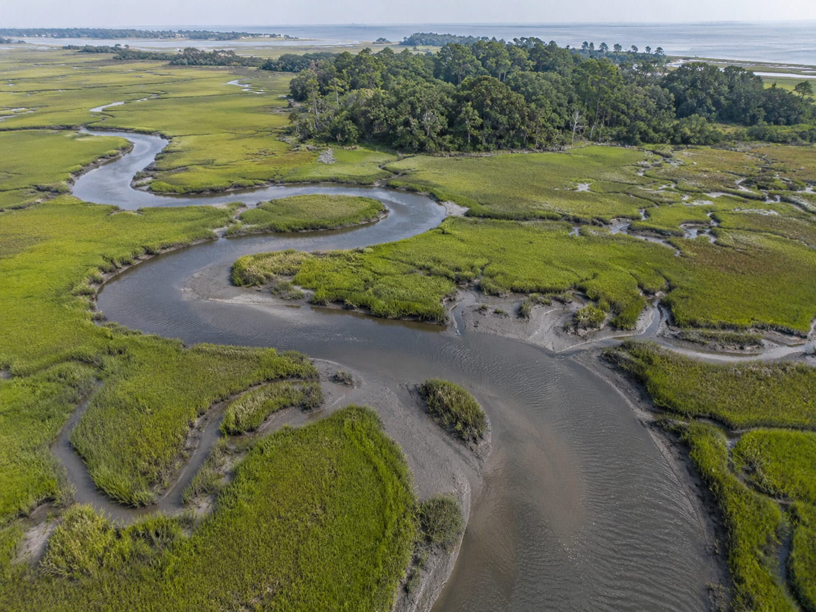 Salt marsh and a winding tidal waterway seen from above on the South Carolina coast