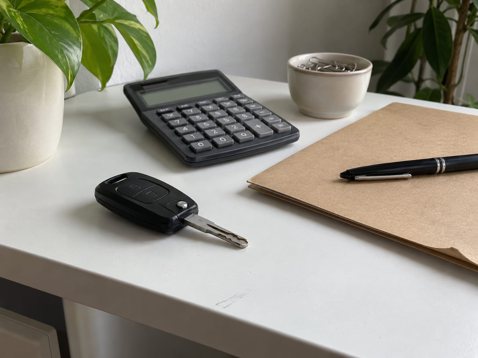 An invoice folder, a pen and a calculator on a desk next to a car key