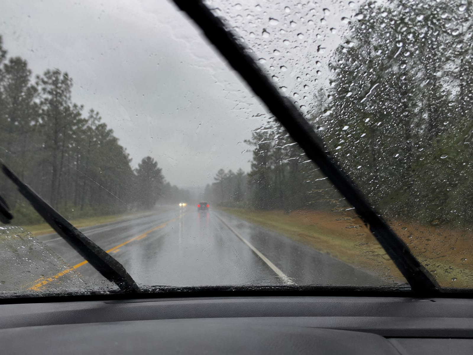 Windshield wipers clearing light rain from a car windshield on a gray day