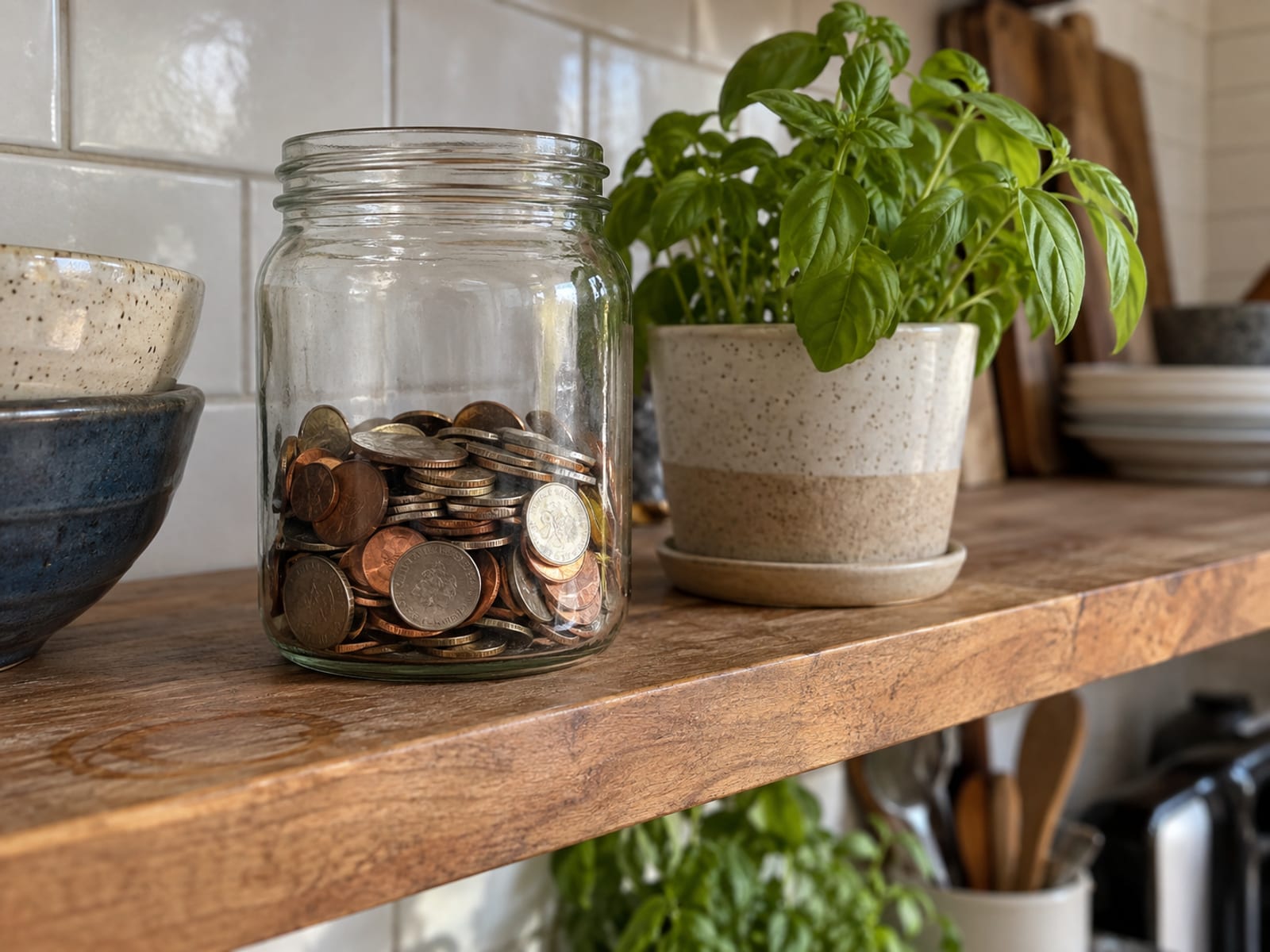 A glass jar partly filled with coins on a kitchen shelf beside a small potted plant