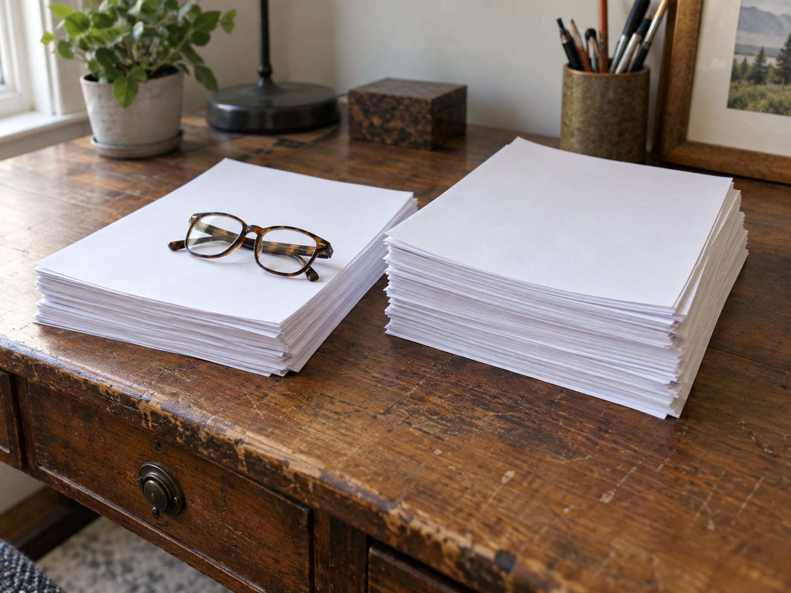 Two stacks of blank printed pages side by side on a desk with a pair of reading glasses