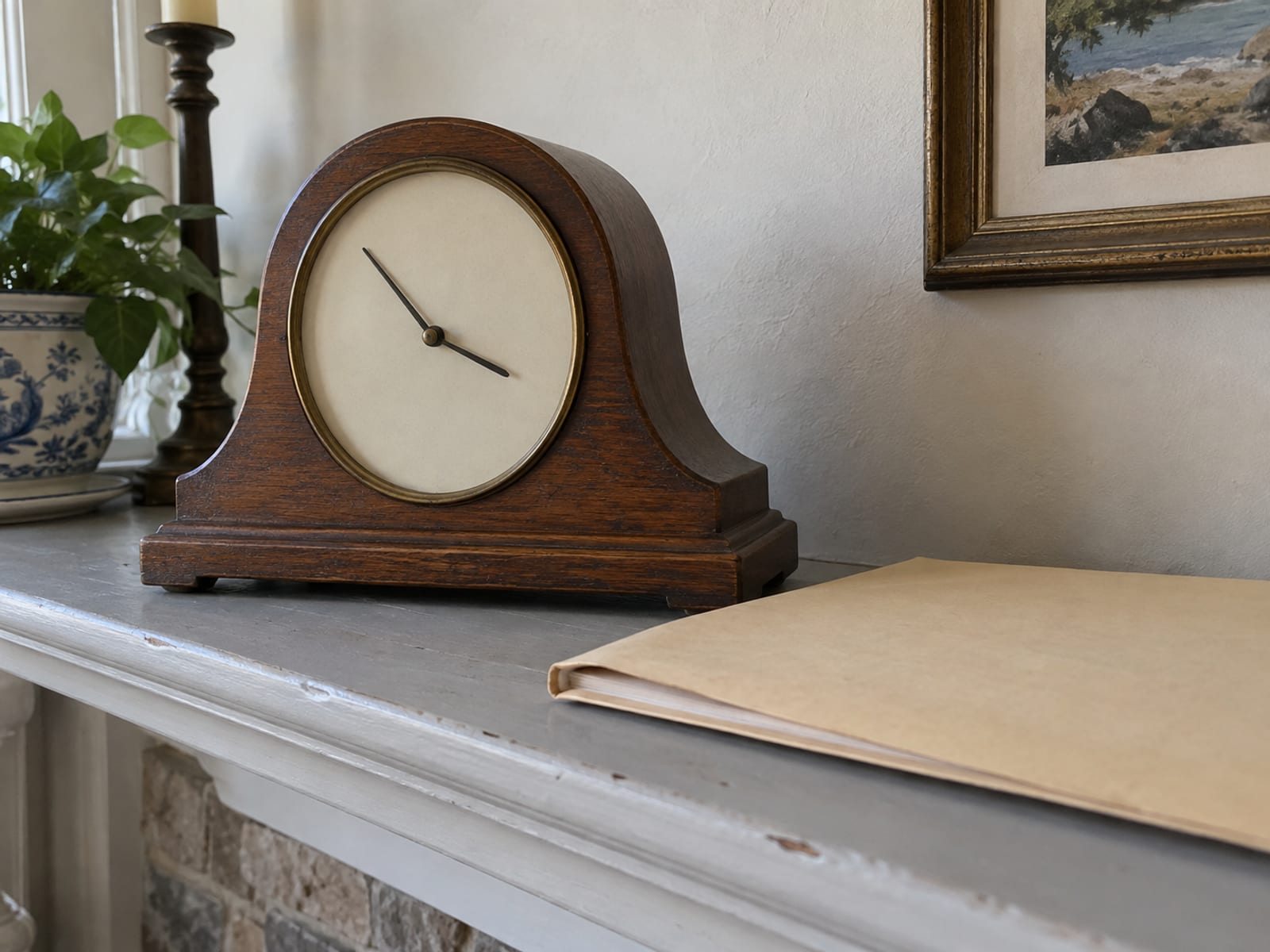 A wooden mantel clock without numerals on a shelf beside a closed folder