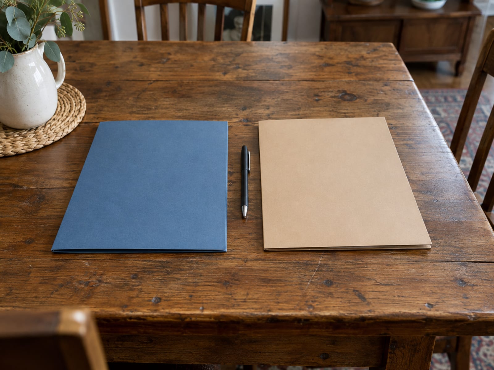 Two closed folders side by side on a wooden table with a pen between them