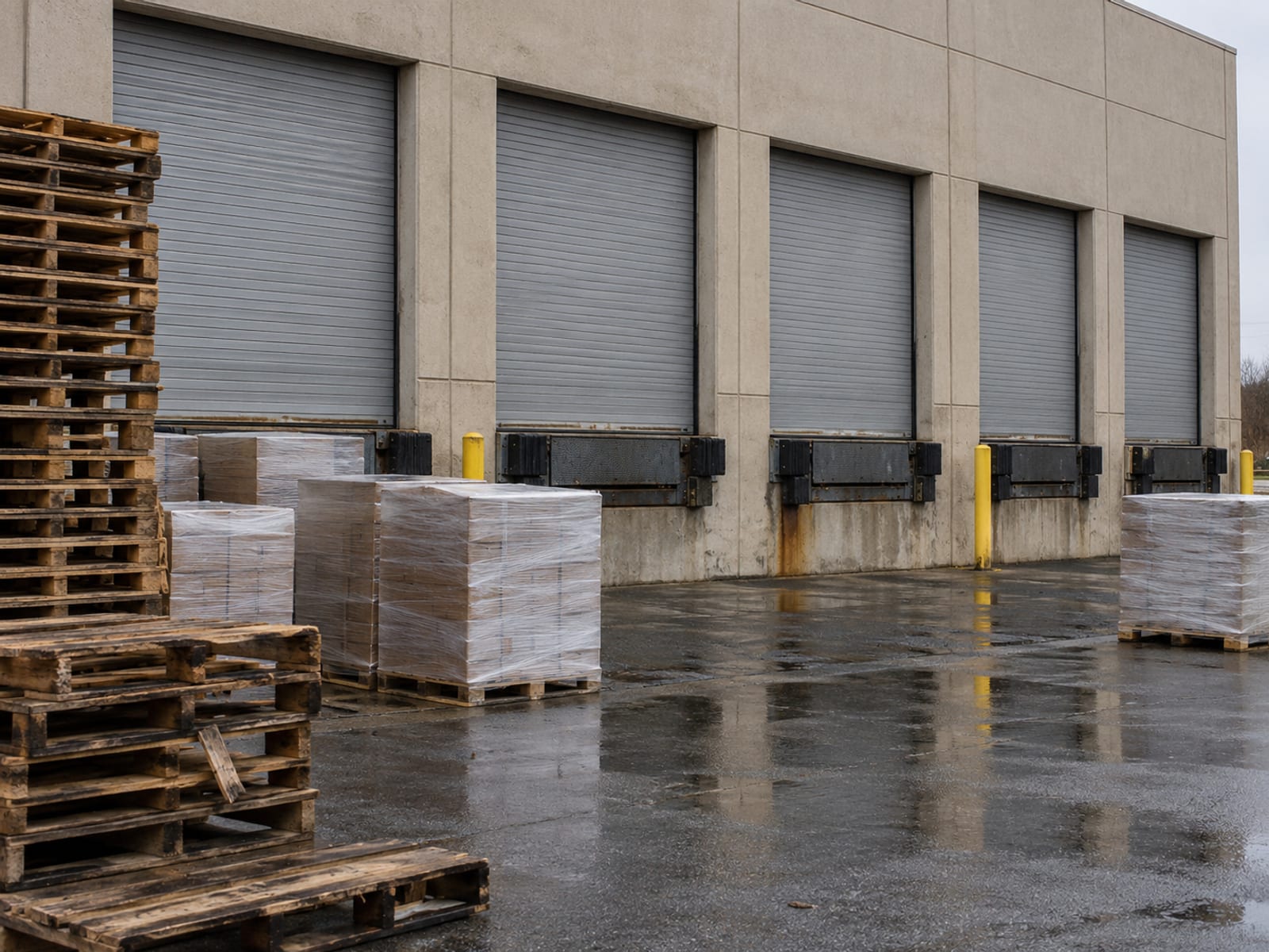 A warehouse loading dock with stacked pallets on an overcast day