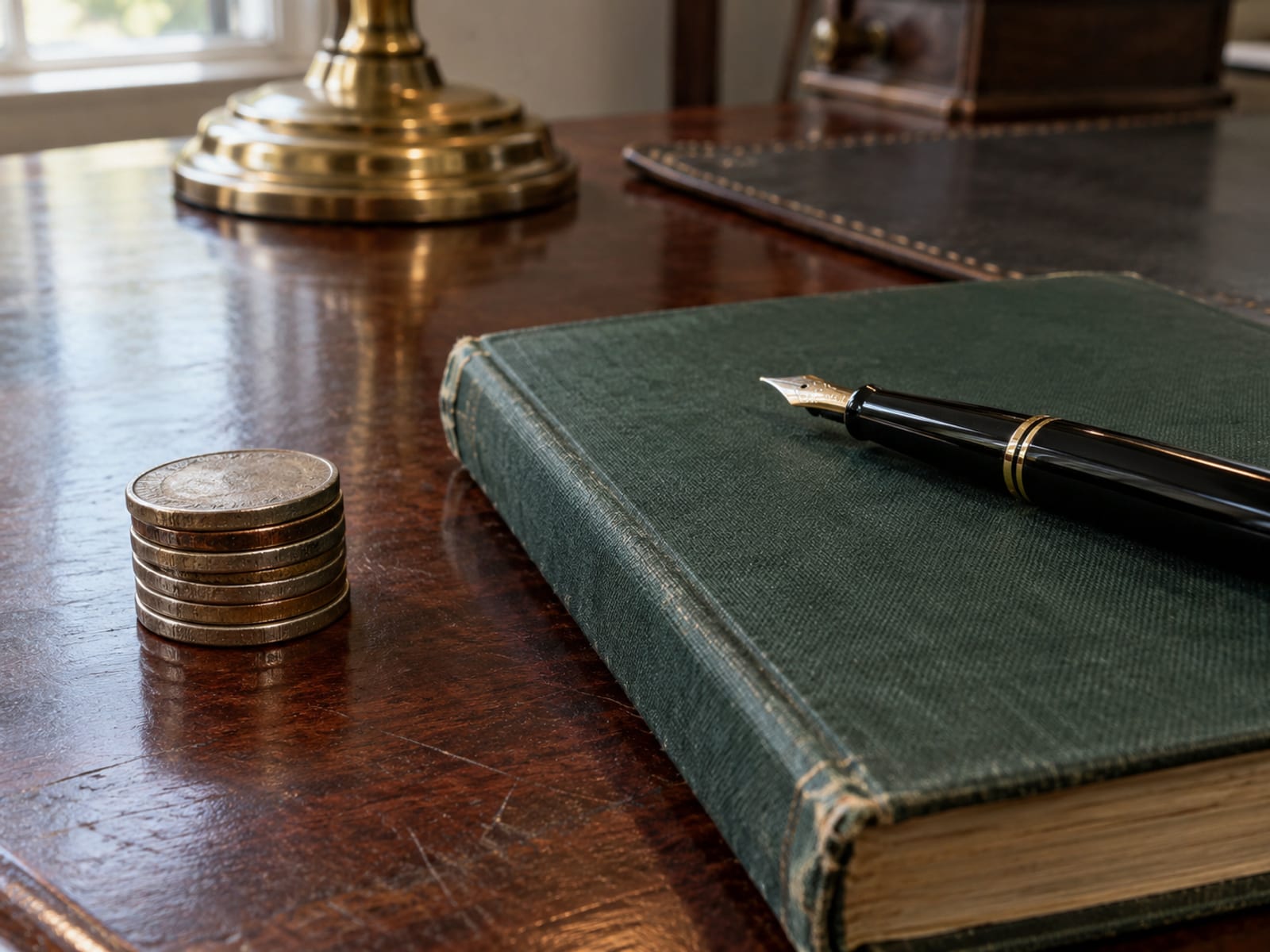 A small stack of coins beside a closed ledger book and a pen on a desk
