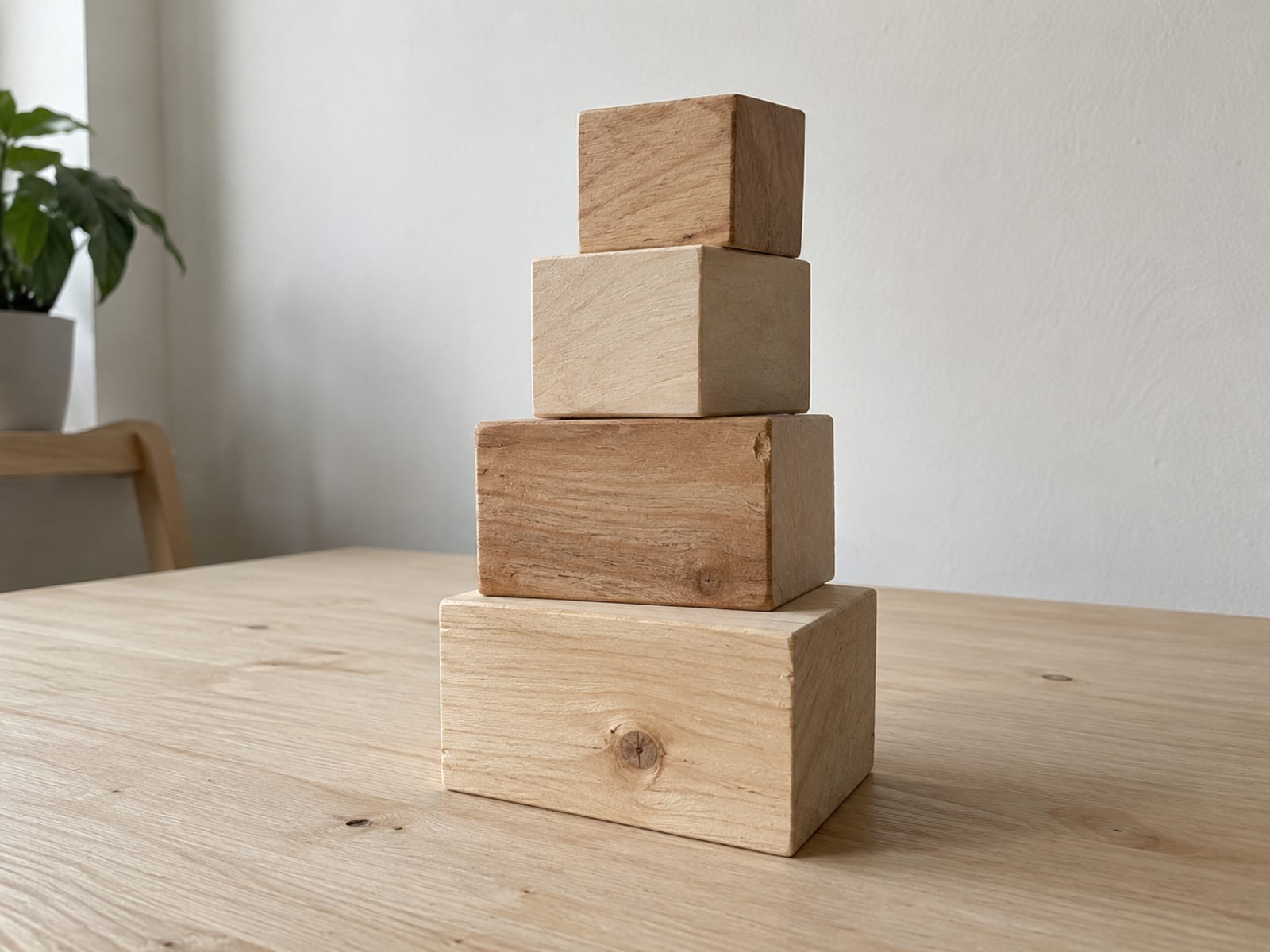 Several stacked wooden blocks of different sizes on a plain table