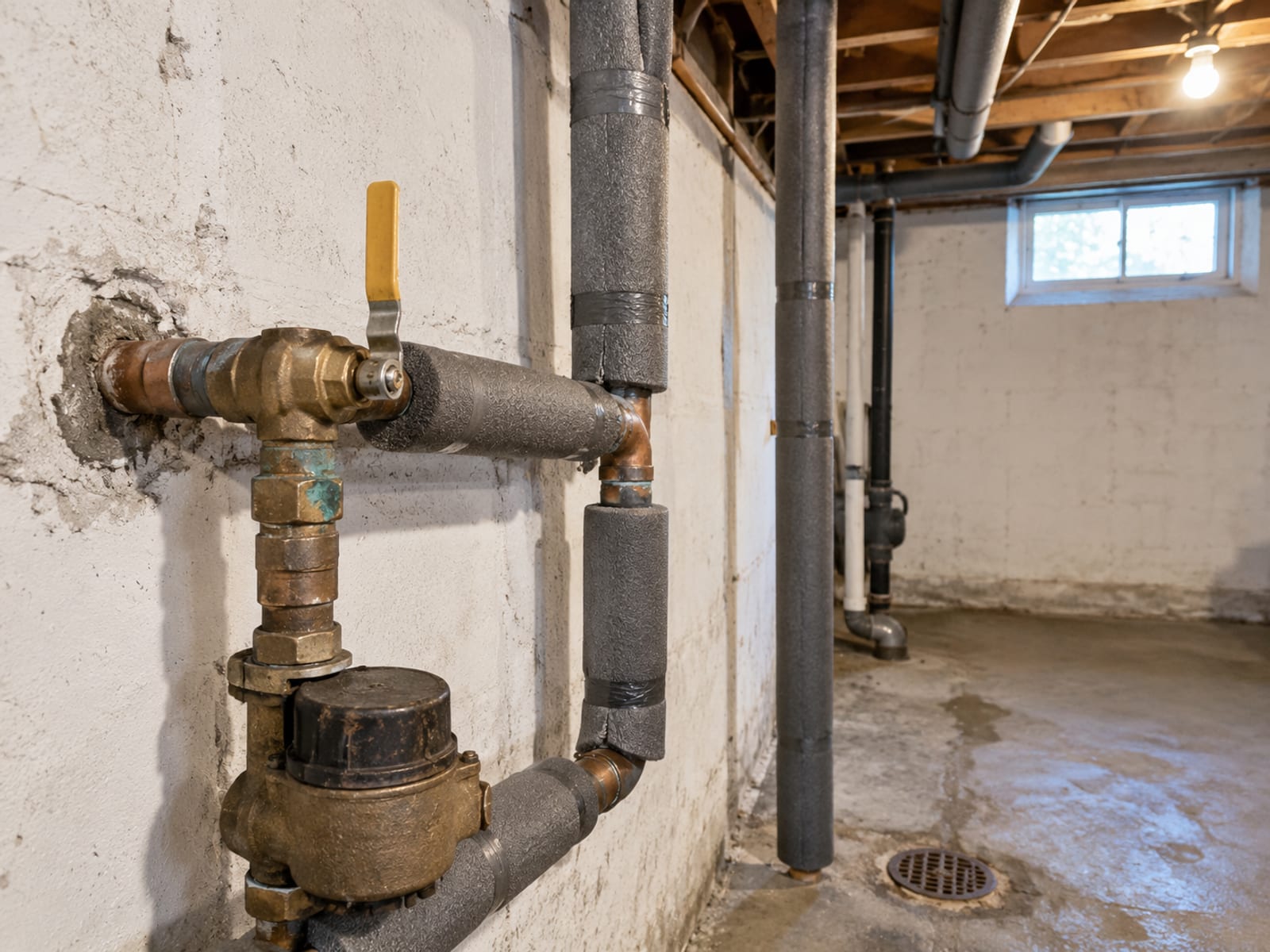 Tuberías aisladas y una válvula de cierre de agua cerrada en un cuarto de servicios limpio del sótano
