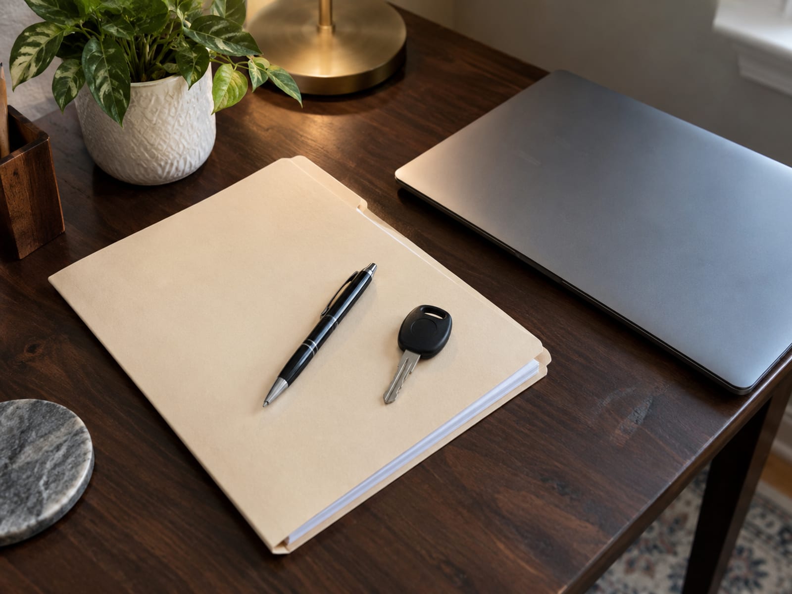 A closed folder, a pen and a car key on a desk beside a laptop