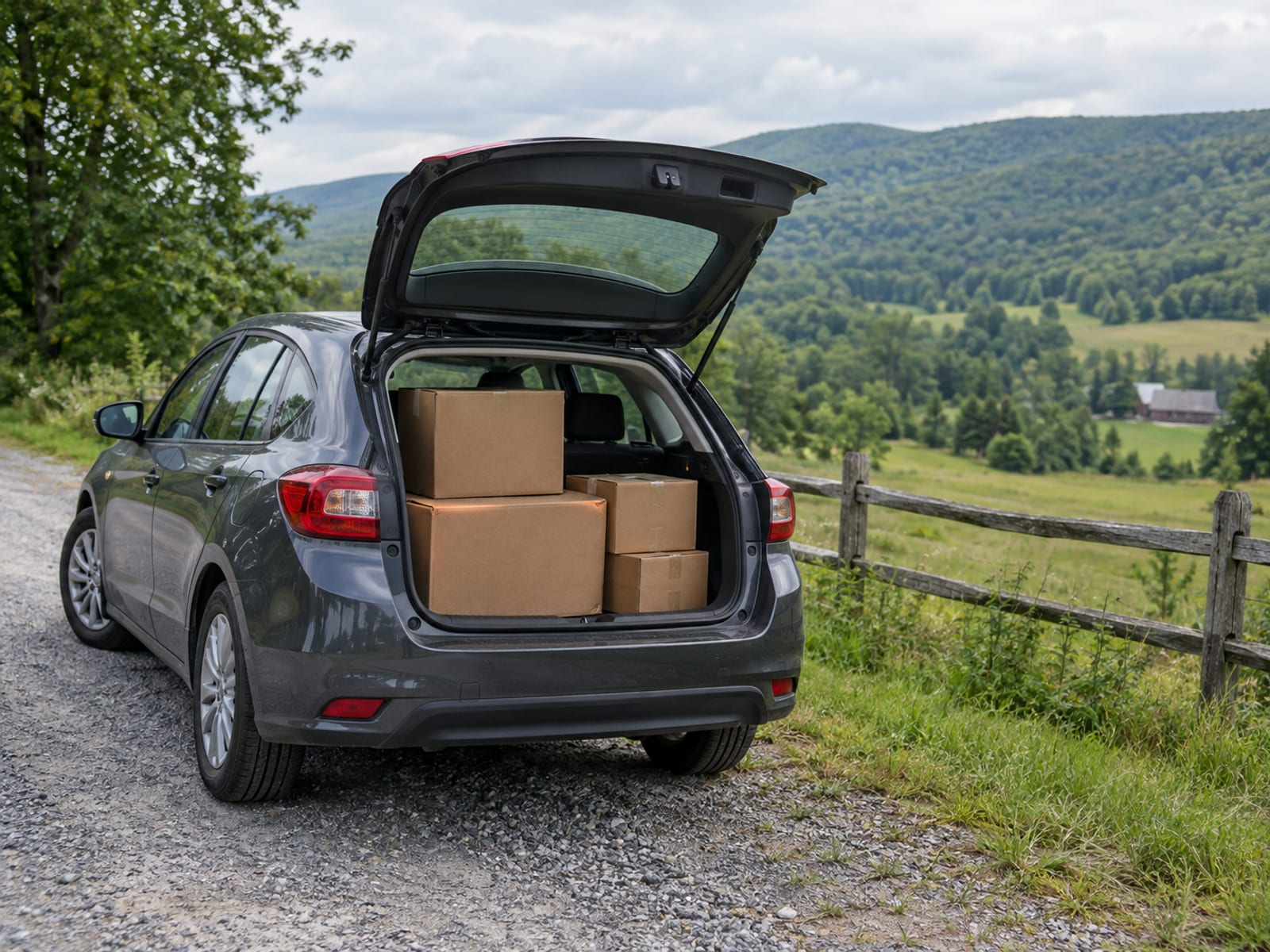 A packed hatchback with moving boxes in the back parked on a rural Vermont road