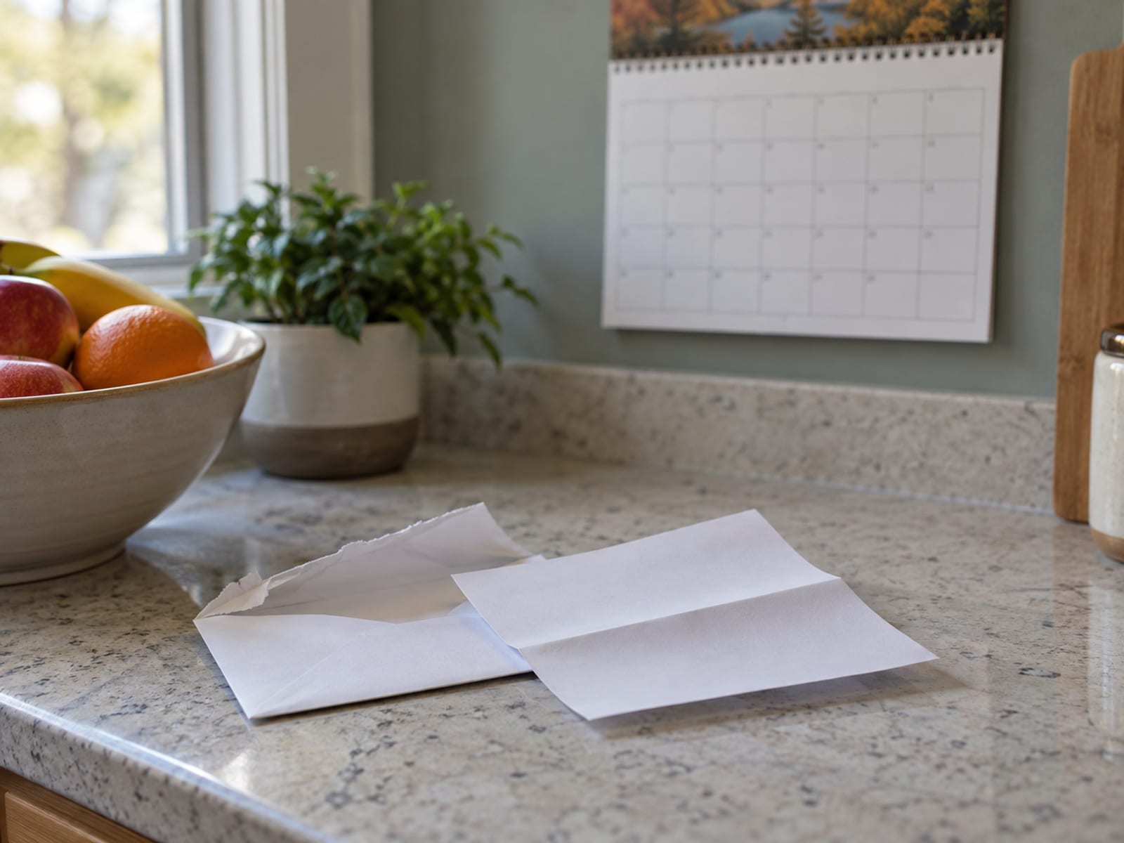 An opened envelope and a folded letter on a kitchen counter beside a wall calendar