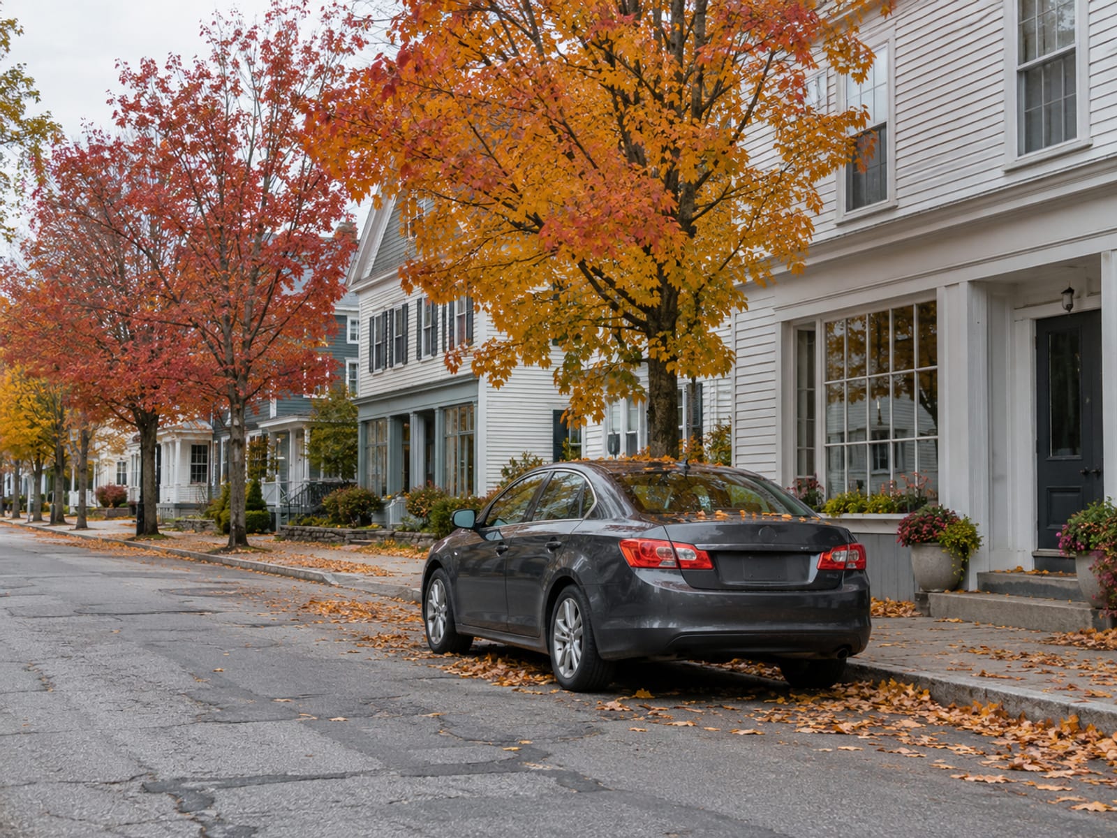 A car parked on a quiet Vermont village street lined with white clapboard buildings and autumn trees