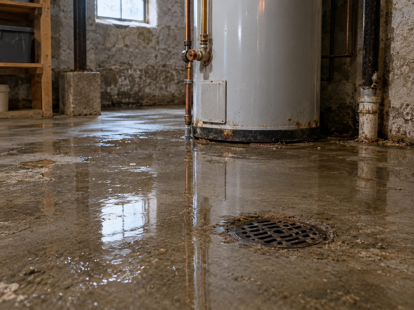 A finished basement with a shallow layer of standing water across the floor near a utility area