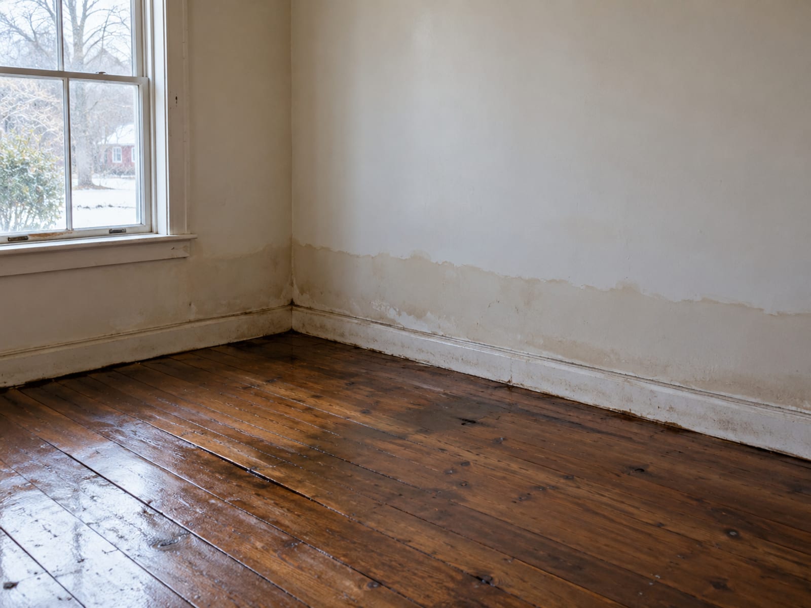 Water-stained drywall and a damp wood floor in an emptied room after a flood