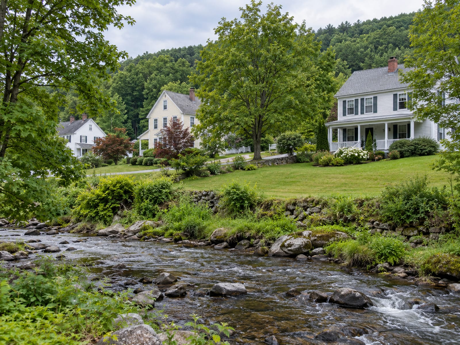 A row of Vermont houses on a gentle slope above a small brook on a calm day