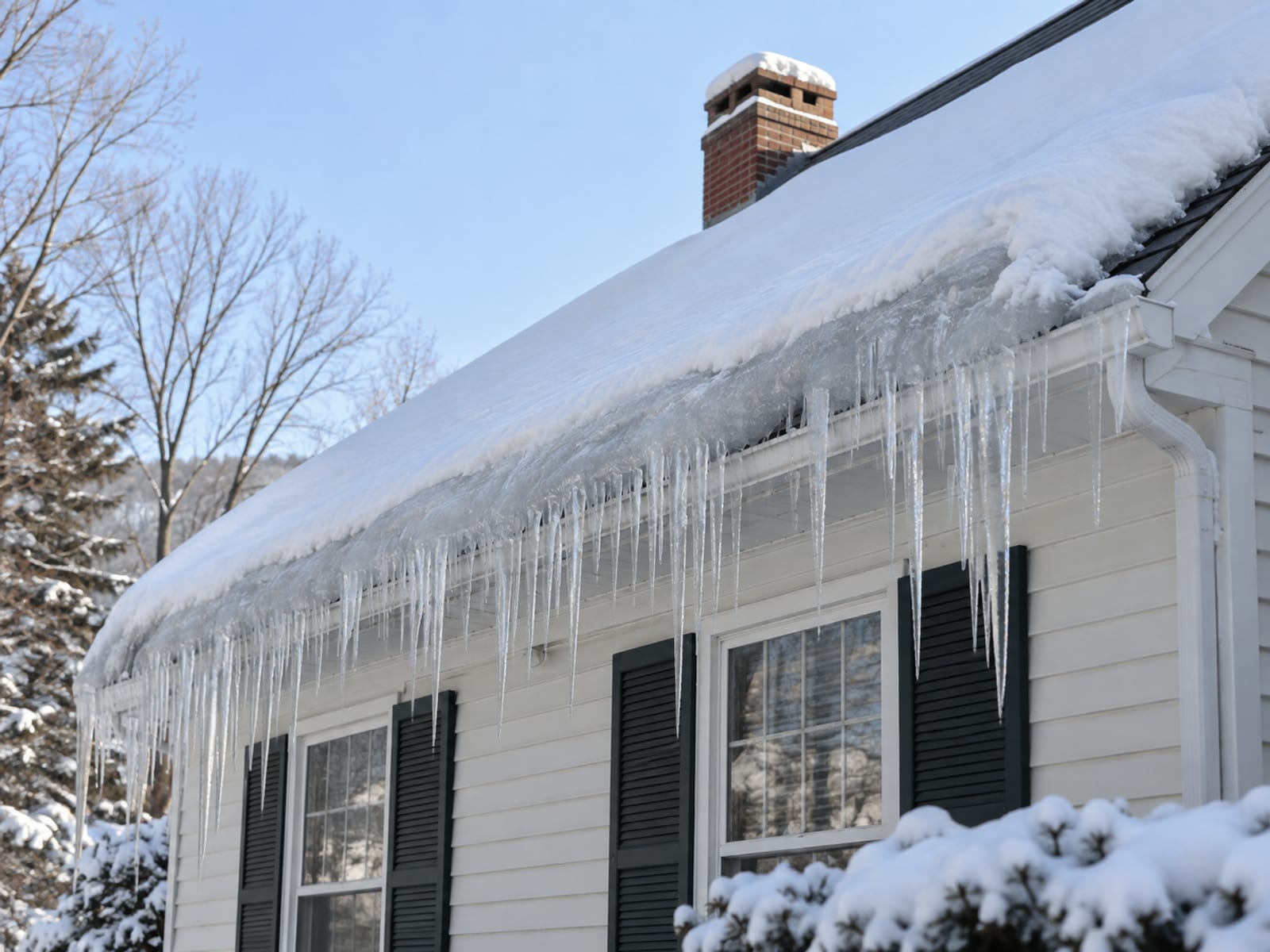 A snow-covered Vermont house roof with icicles hanging along the eaves on a cold clear day