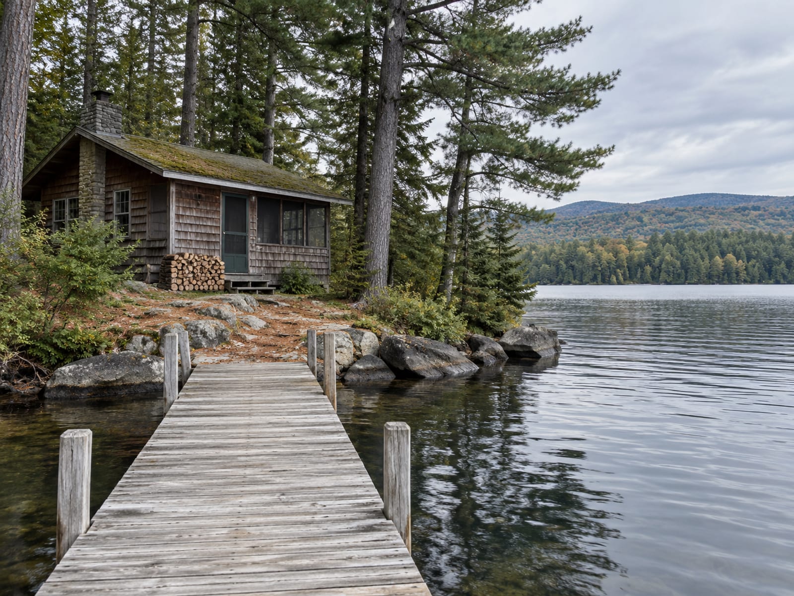 A small wooden lakeside camp with a dock and a stack of firewood among pine trees
