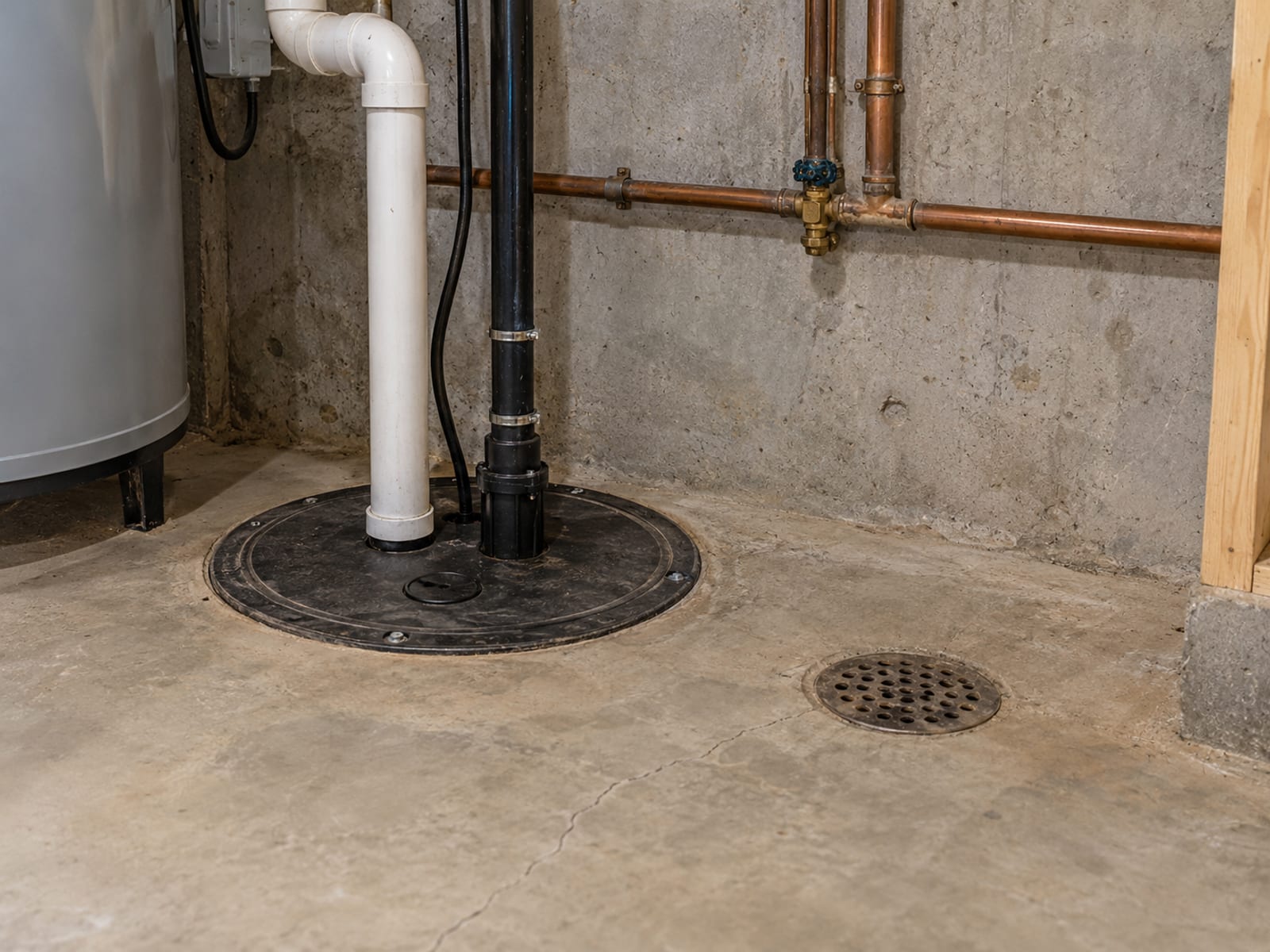 A basement utility area with a floor drain, a sump pit and pipes along a concrete wall