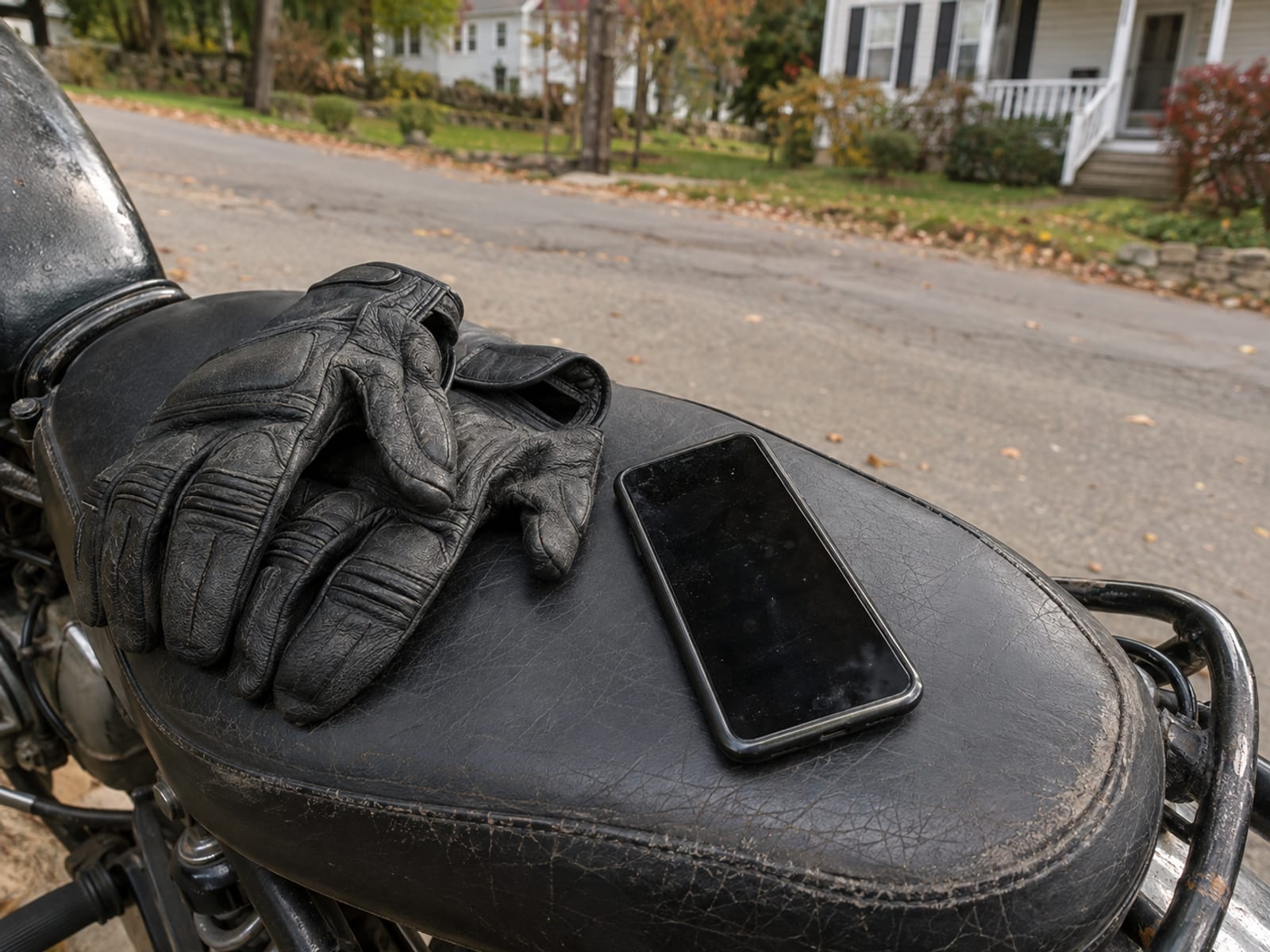A smartphone with a blank screen resting on the seat of a parked motorcycle