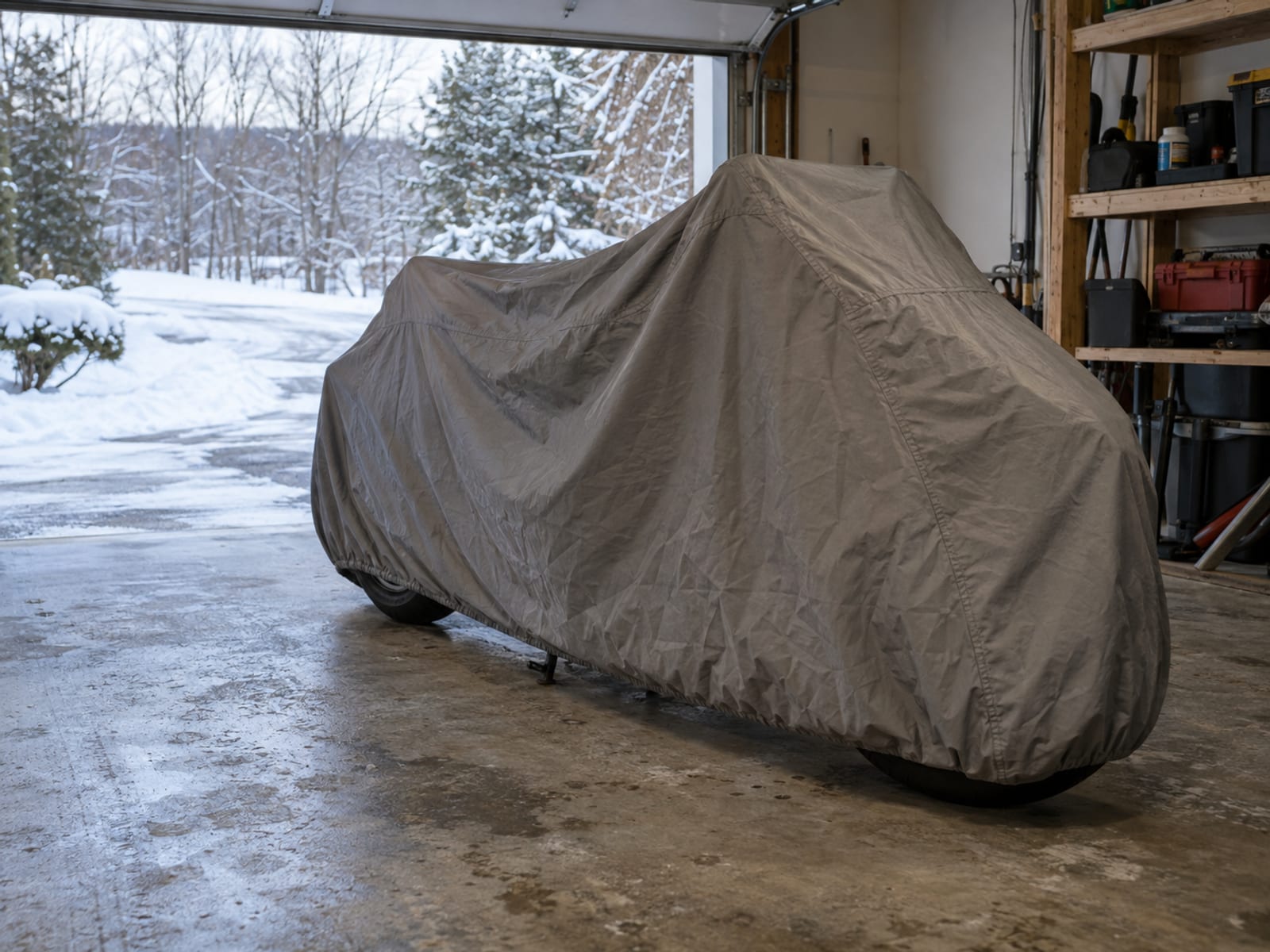 A motorcycle under a fitted cover inside a garage with snow visible through the open door