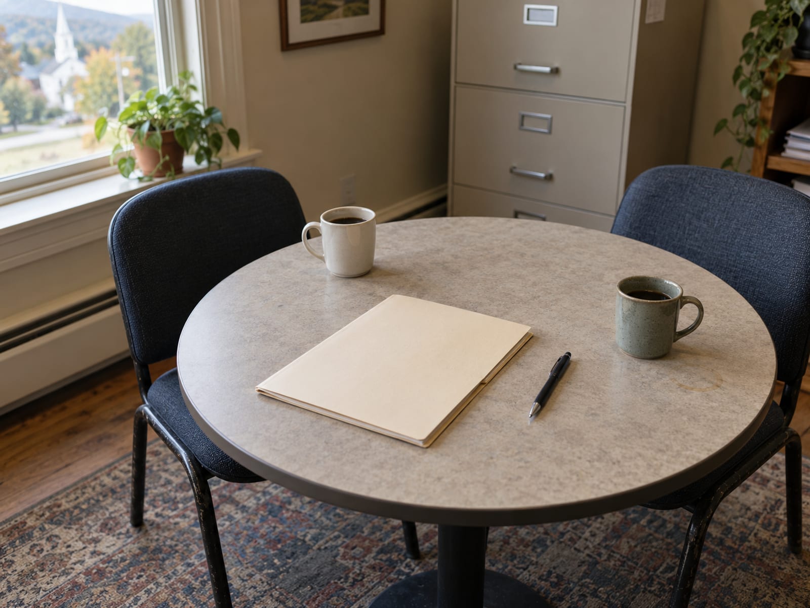 A small office meeting table with a closed benefits folder, a pen and two coffee mugs