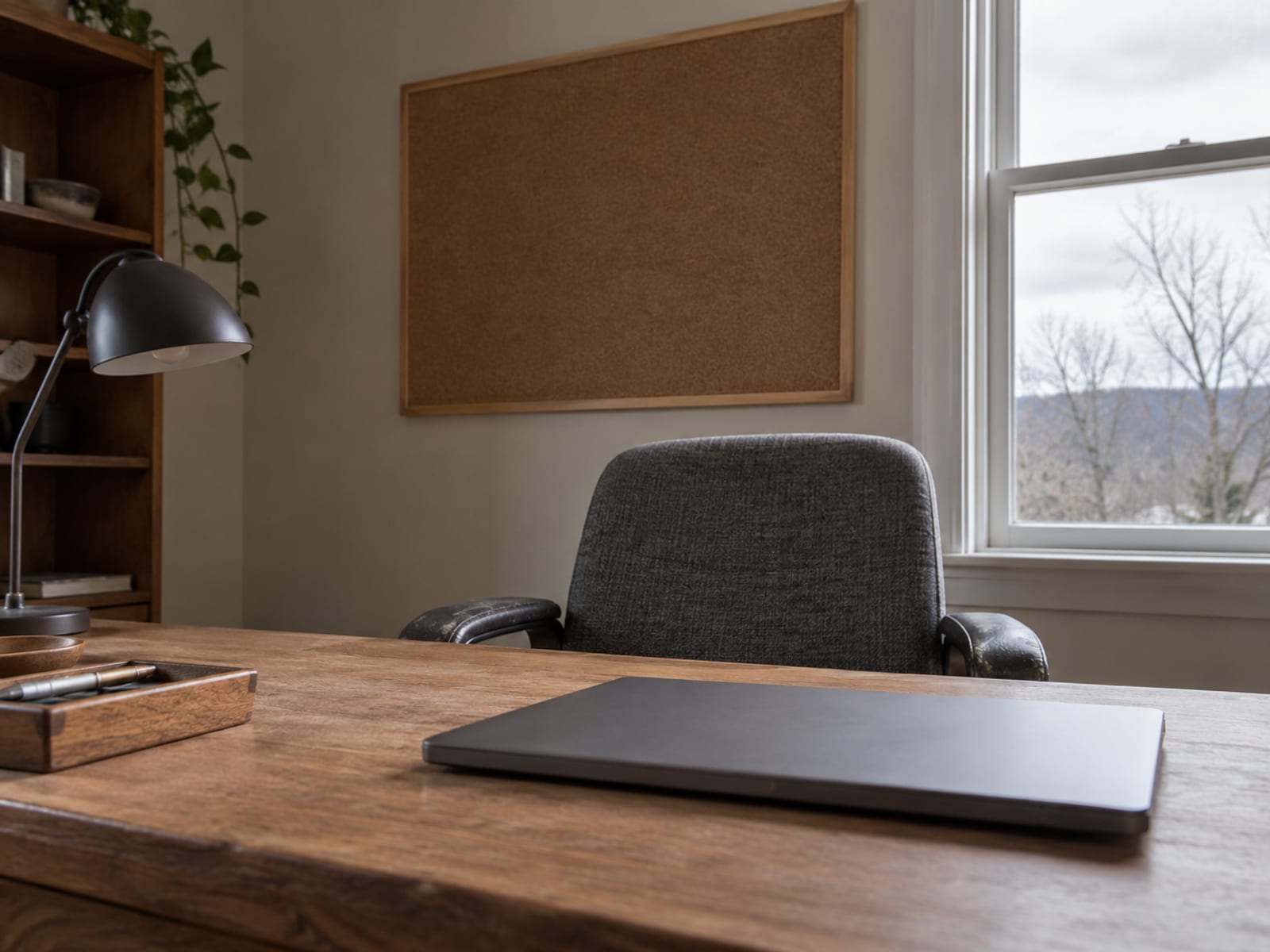 An empty office desk with a tidy chair, a closed laptop and a desk lamp
