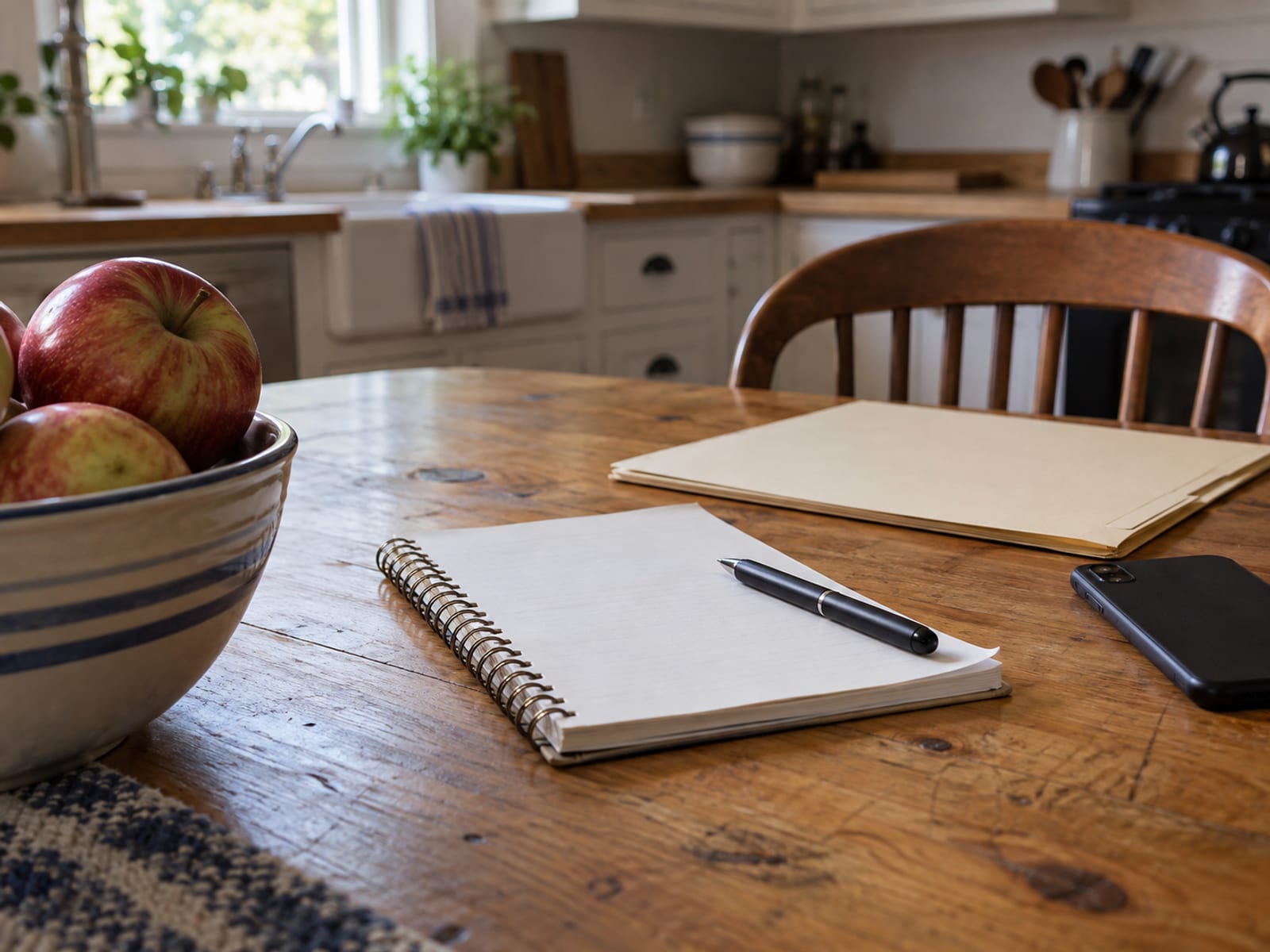 A kitchen table with a blank notepad, a pen, a closed folder and a phone