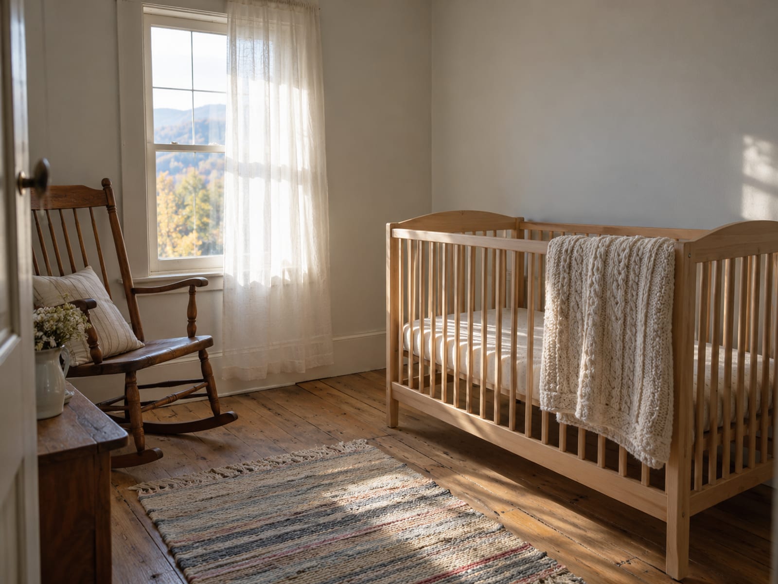 A sunlit nursery with an empty crib, a folded blanket and a rocking chair