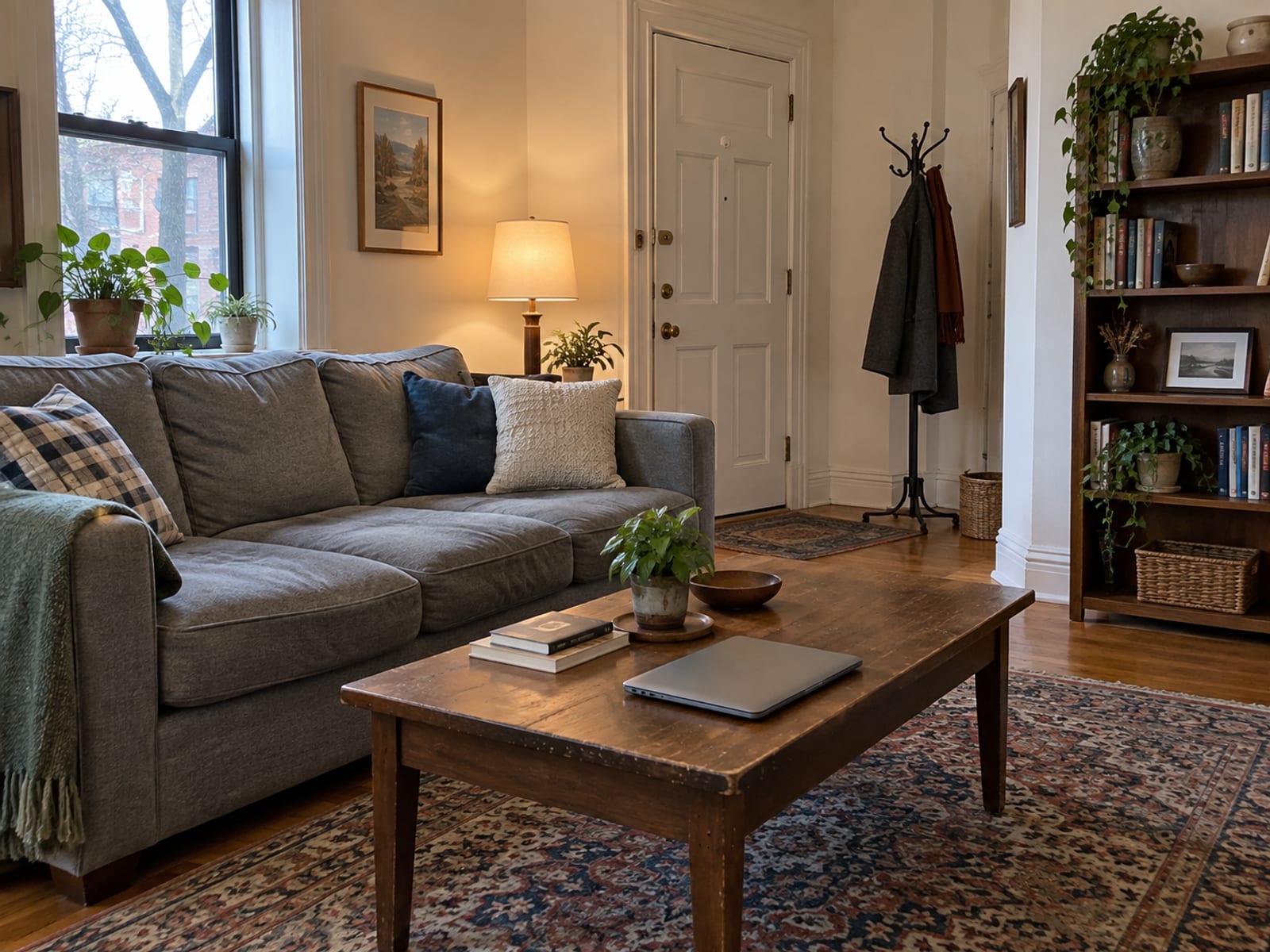 A furnished apartment living room with a couch, a closed laptop on a coffee table and a coat rack