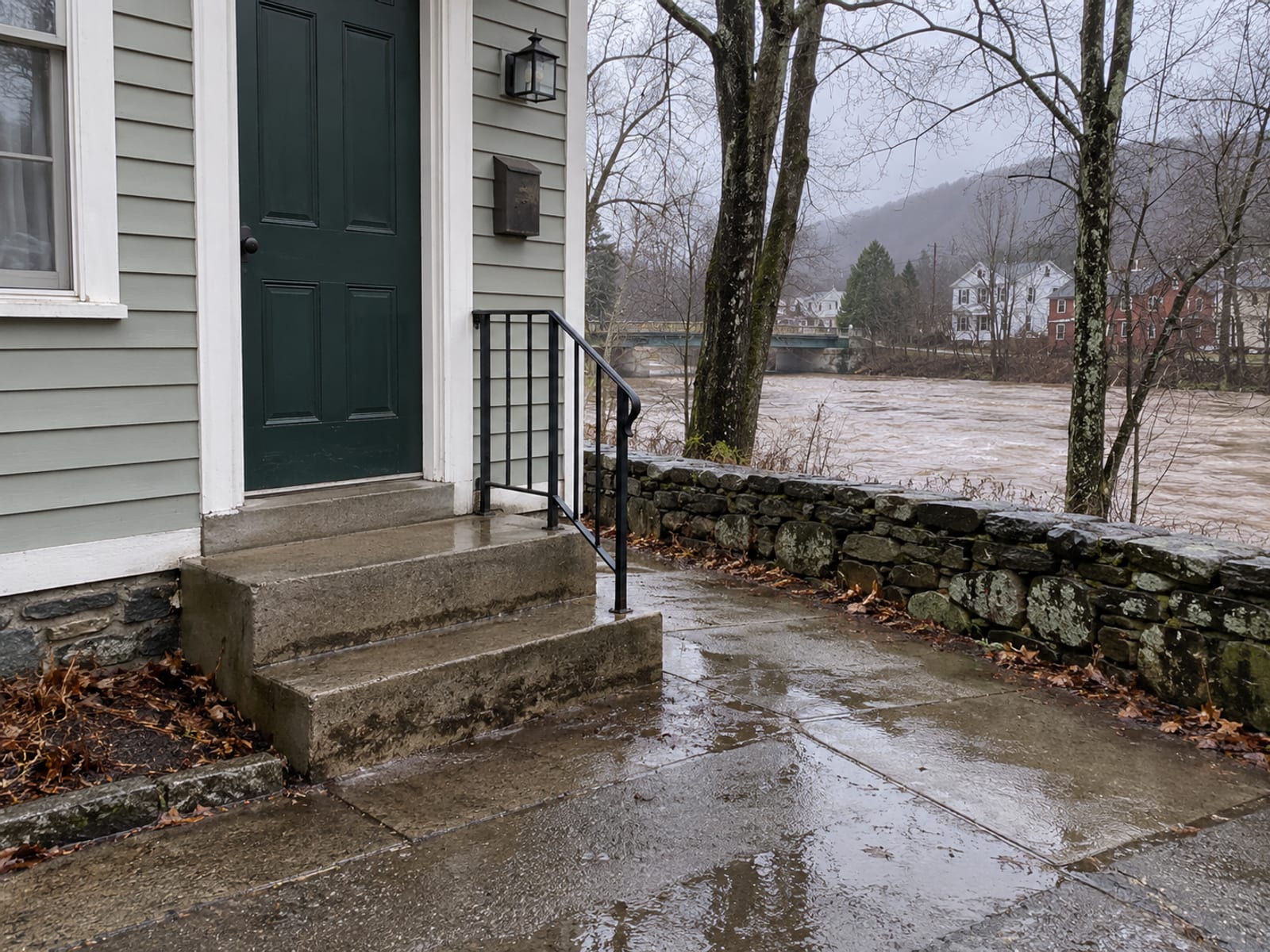 A ground-floor apartment entrance near a swollen river under grey skies