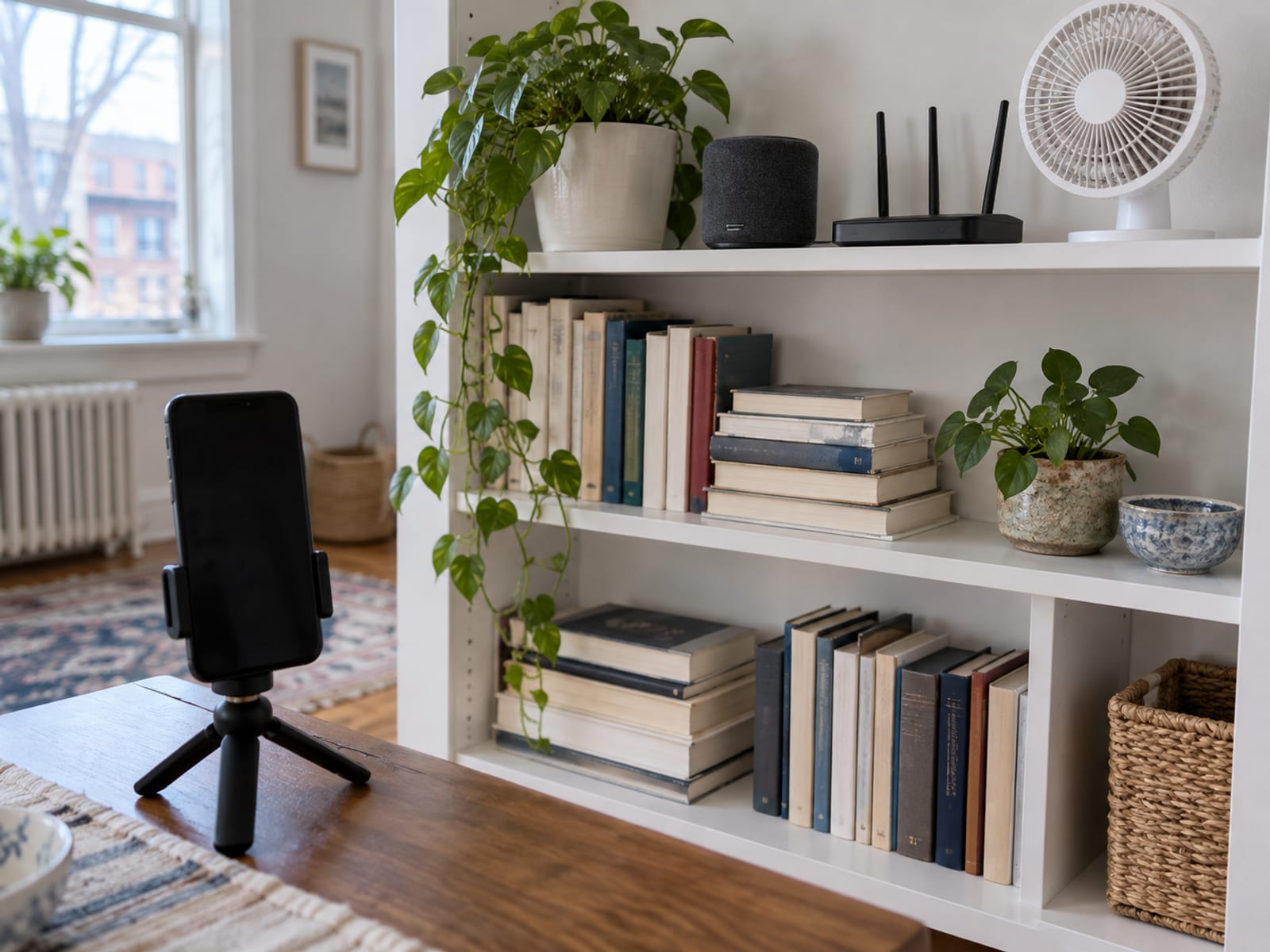 A phone on a small tripod stand aimed at a shelf of household electronics and books in a bright apartment
