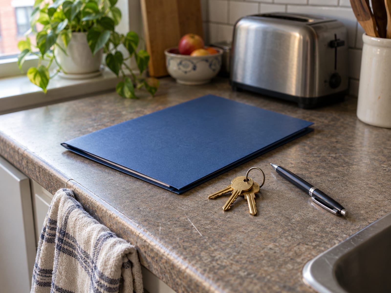 A closed lease folder on a kitchen counter beside a set of apartment keys and a pen