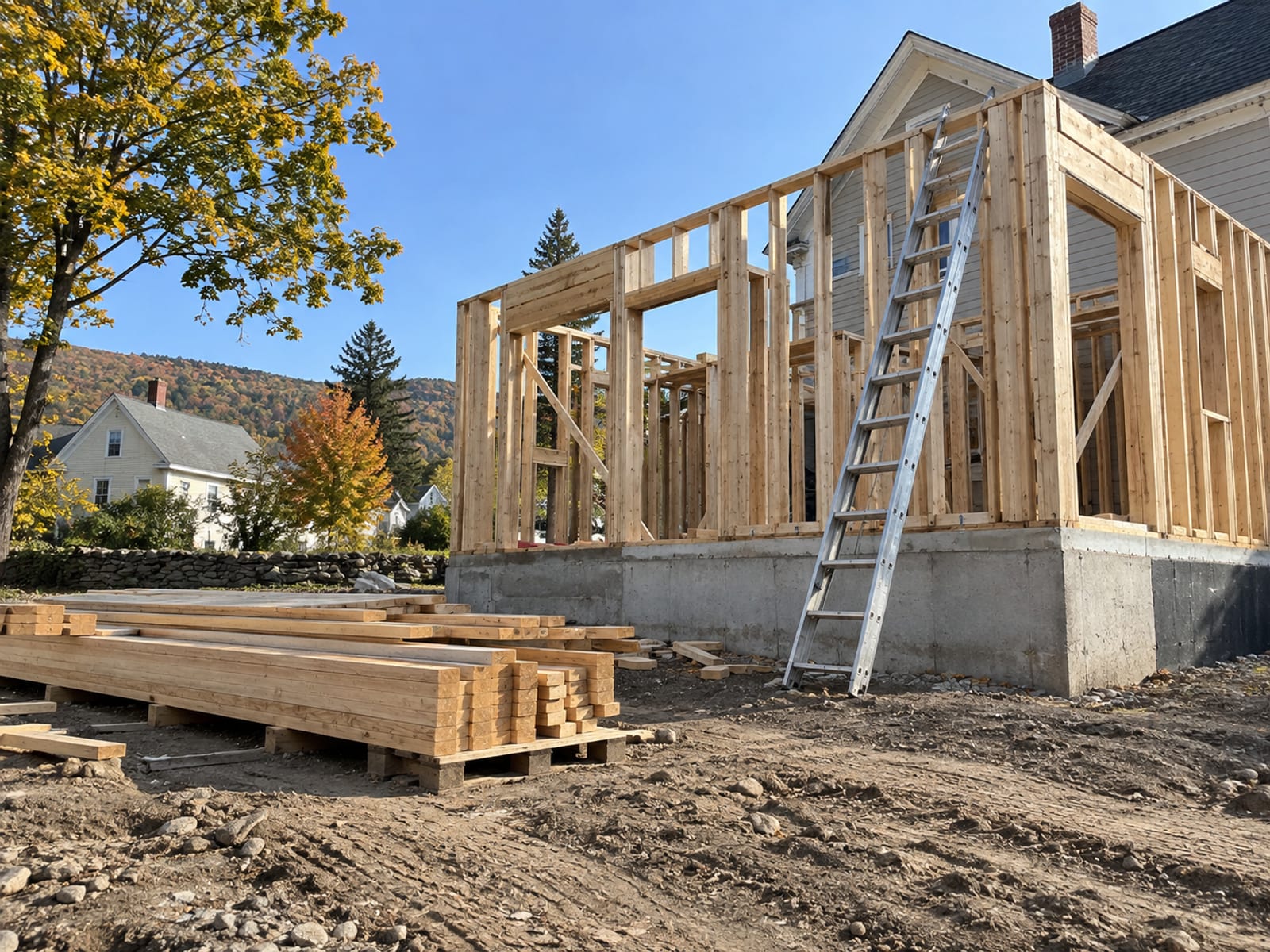 A residential construction site with a framed wall, a ladder and a stack of lumber under a clear sky