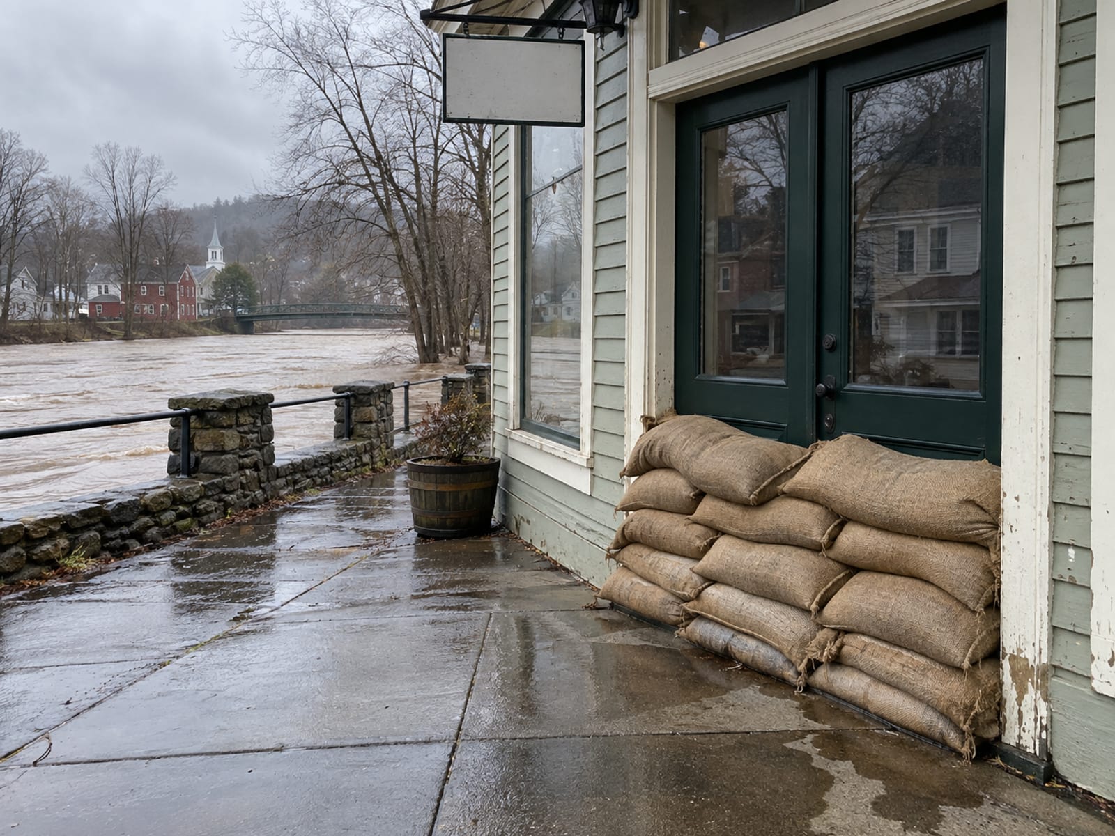 A riverside storefront with sandbags stacked by the door under a grey sky