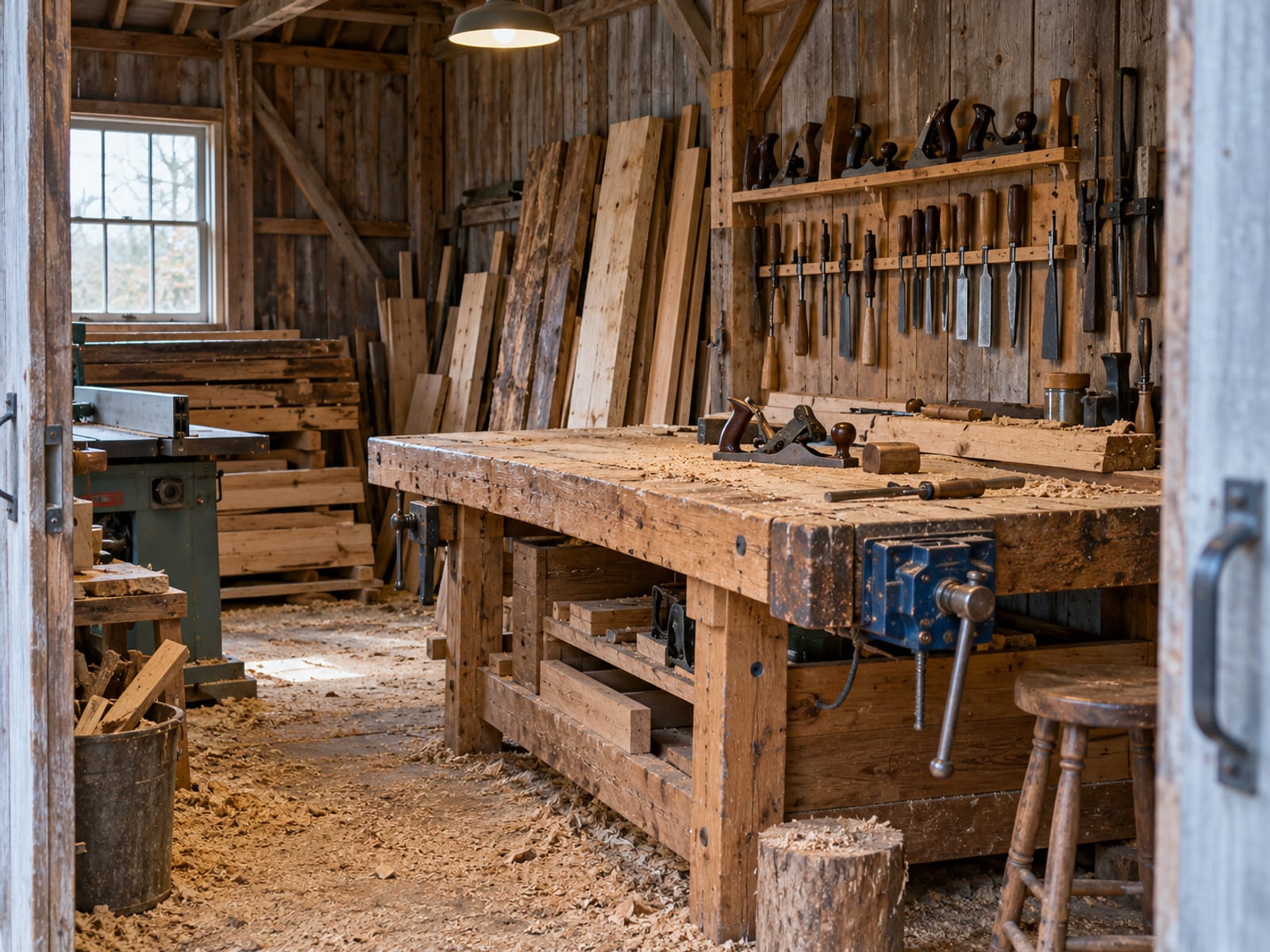 A small woodworking shop with a workbench, hand tools and stacked lumber