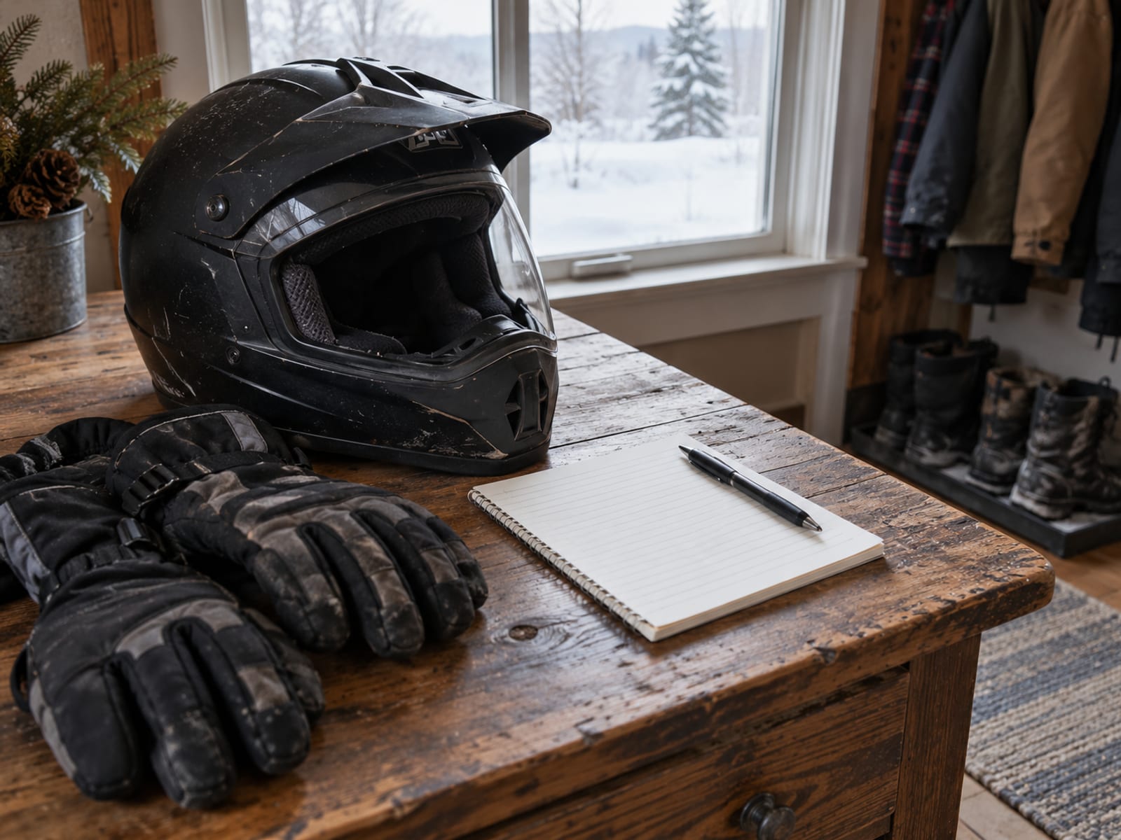 A snowmobile helmet and gloves on a wooden table beside a blank notepad and a pen