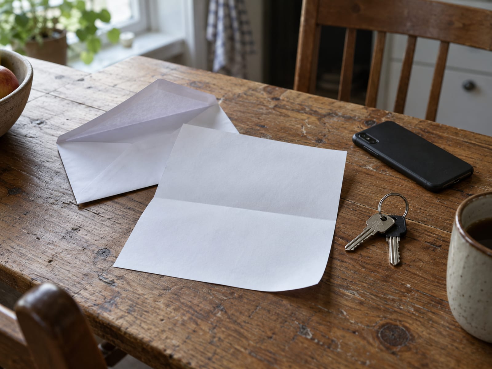 An opened envelope and a blank letter on a kitchen table beside car keys and a phone