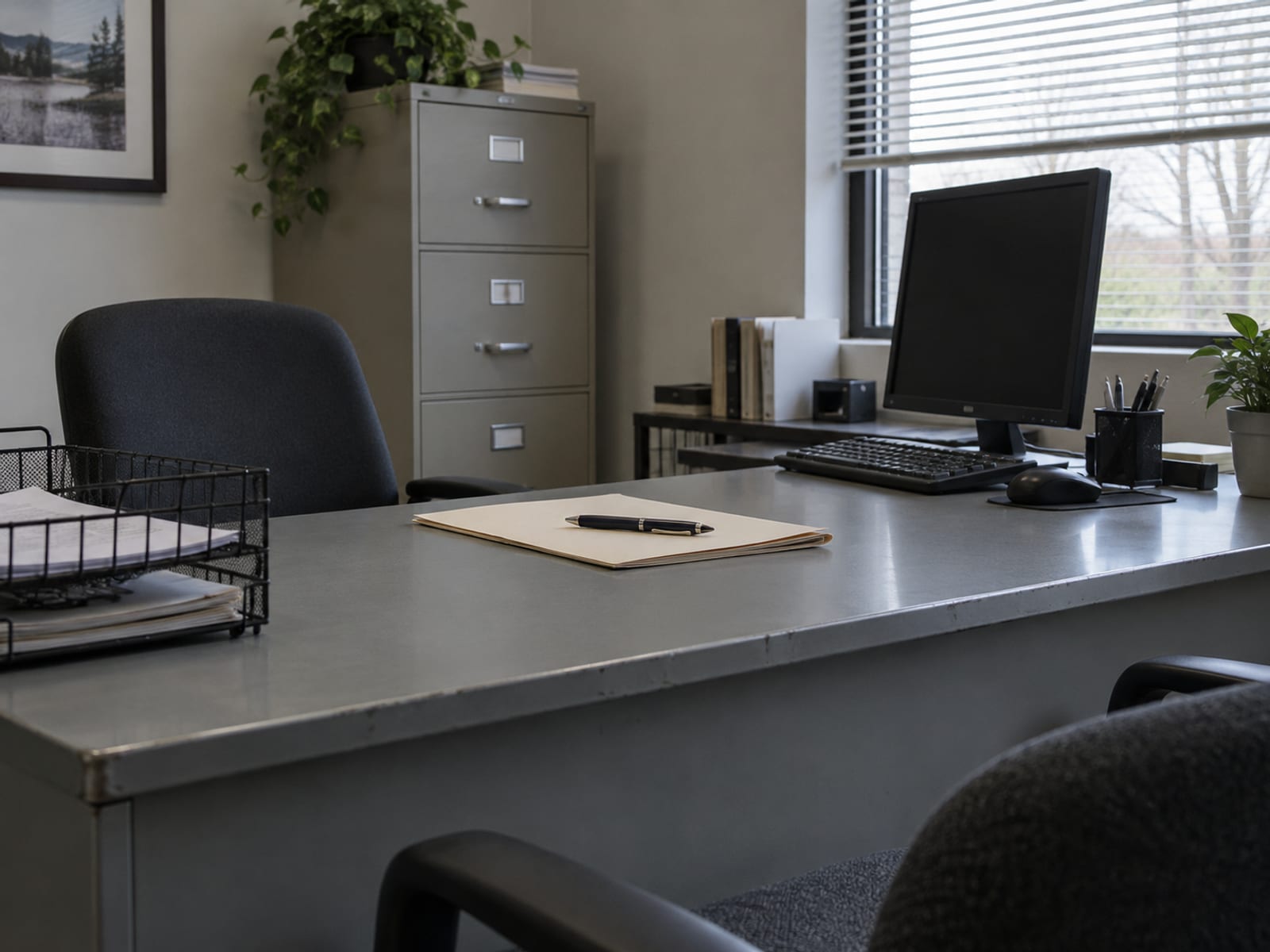 An office desk with a closed folder, a pen and a desktop computer beside a window