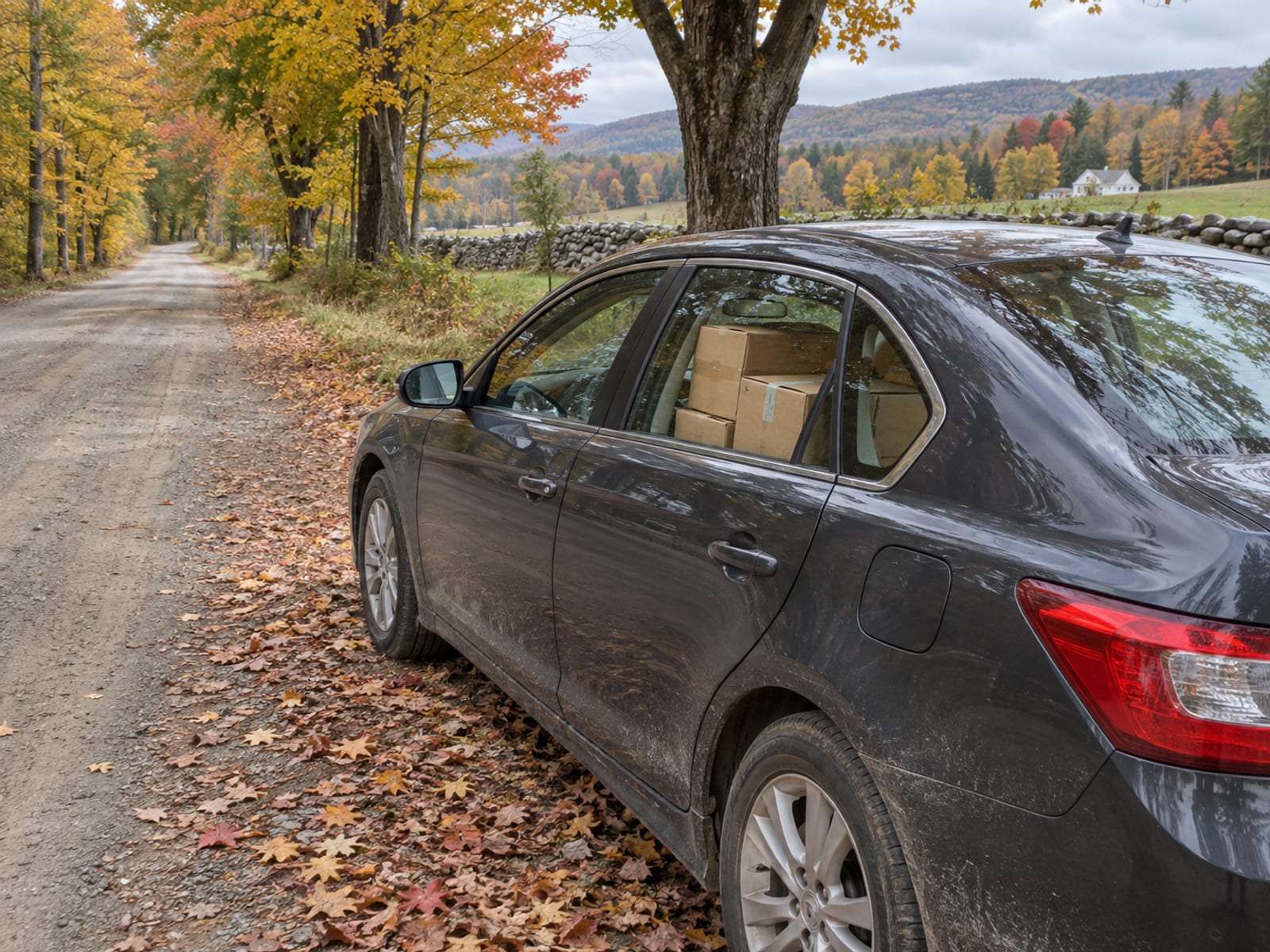 A car with moving boxes in the back seat parked on a rural road lined with trees