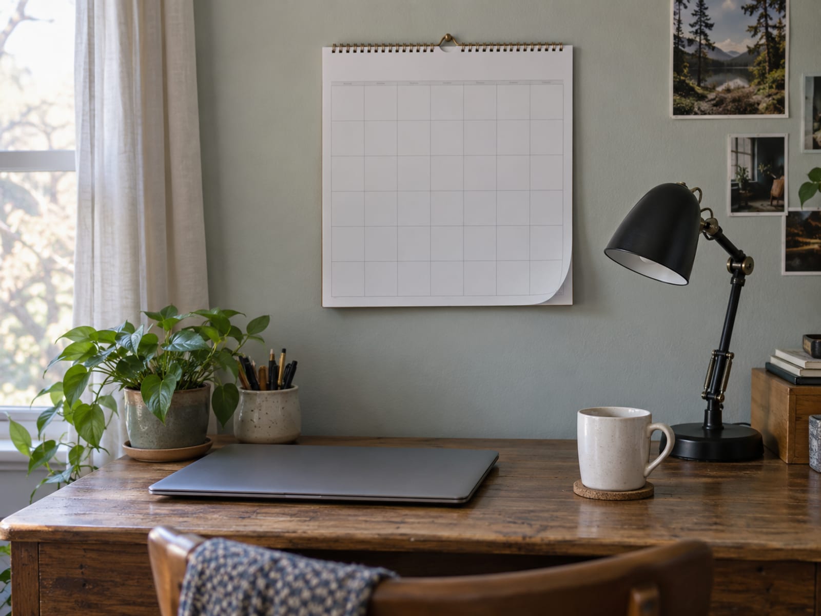 A wall calendar beside a closed laptop and a coffee mug on a home desk
